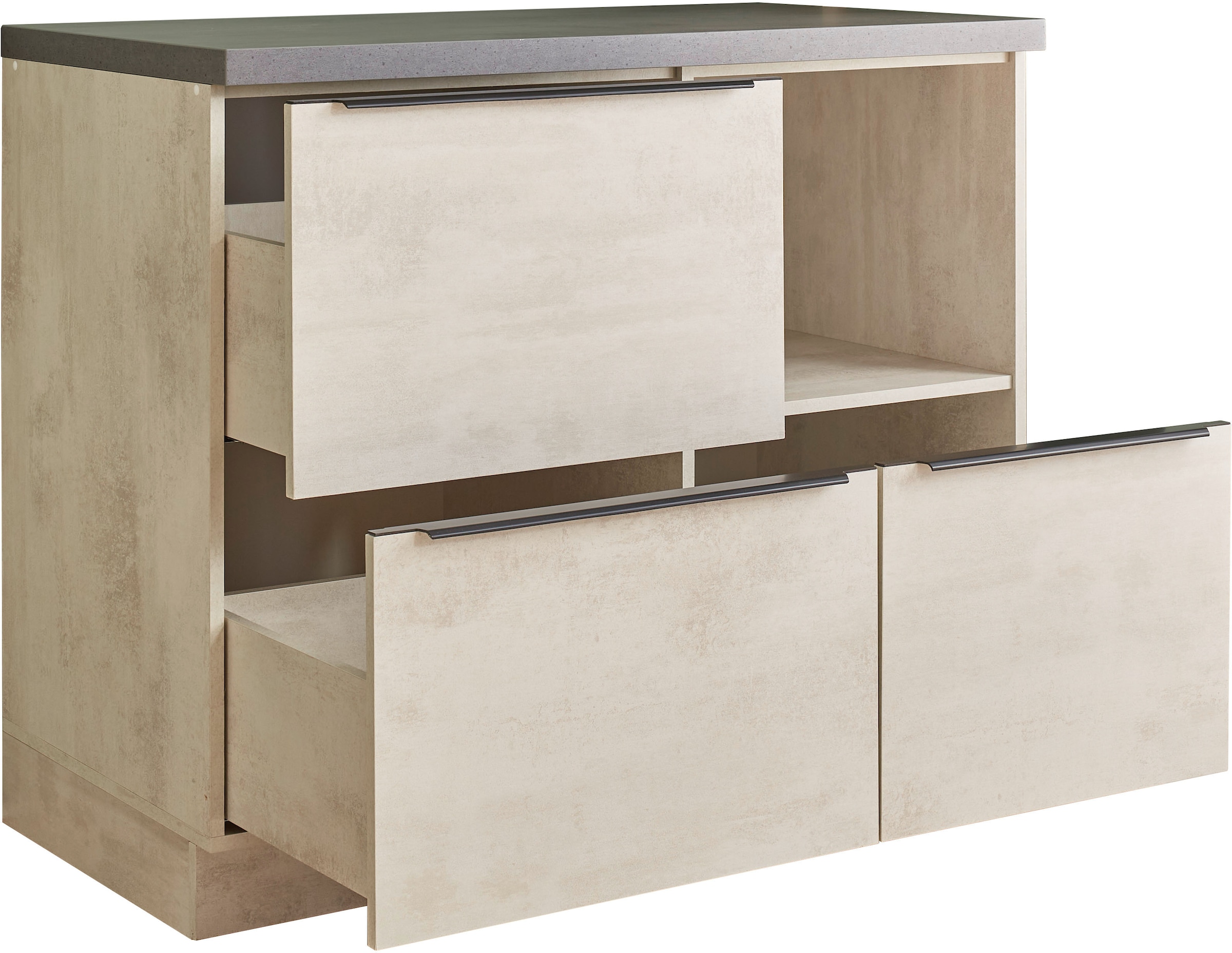 BASIC by Balculina Unterschrank »Sanibel Küchenschrank mit Auszügen BxHxT 110x94x60« 1 Stk. tlg. Breite 110cm, Melaminbeschichtung, 3 Auszüge, 1 offenes Fach