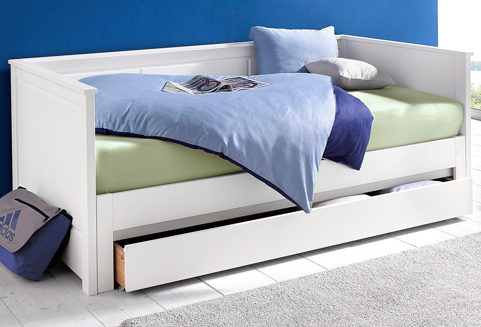 17. Bild von Lüttenhütt Funktionsbett »" ERIK " TOPSELLER! Daybed, Kinderbett, Massivholz (Kiefer)«, (stilvolle Kassetten - Fräsung), 2. Schlafplatz ausziehbar, moderner Landhausstil, Schublade optional