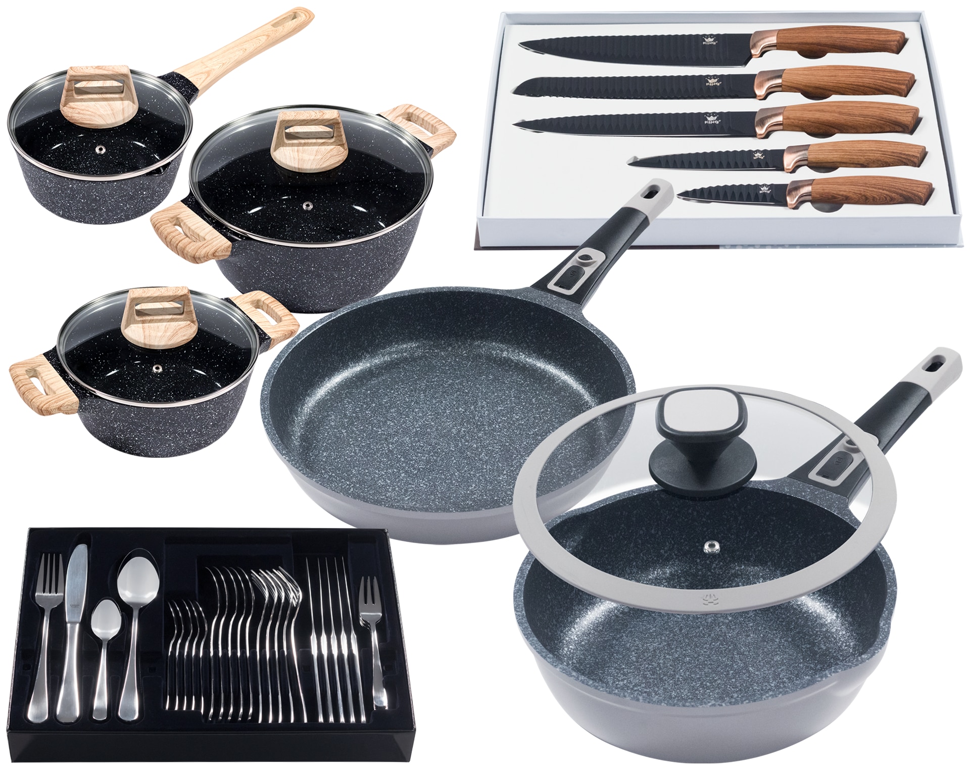 KING Pfannen-Set »Moonscape« Aluminiumguss Set, 11 Stk. tlg. Induktion, (Töpfe+Glasdeckel, Pfannen+Deckel,Messer,Besteckset) grau