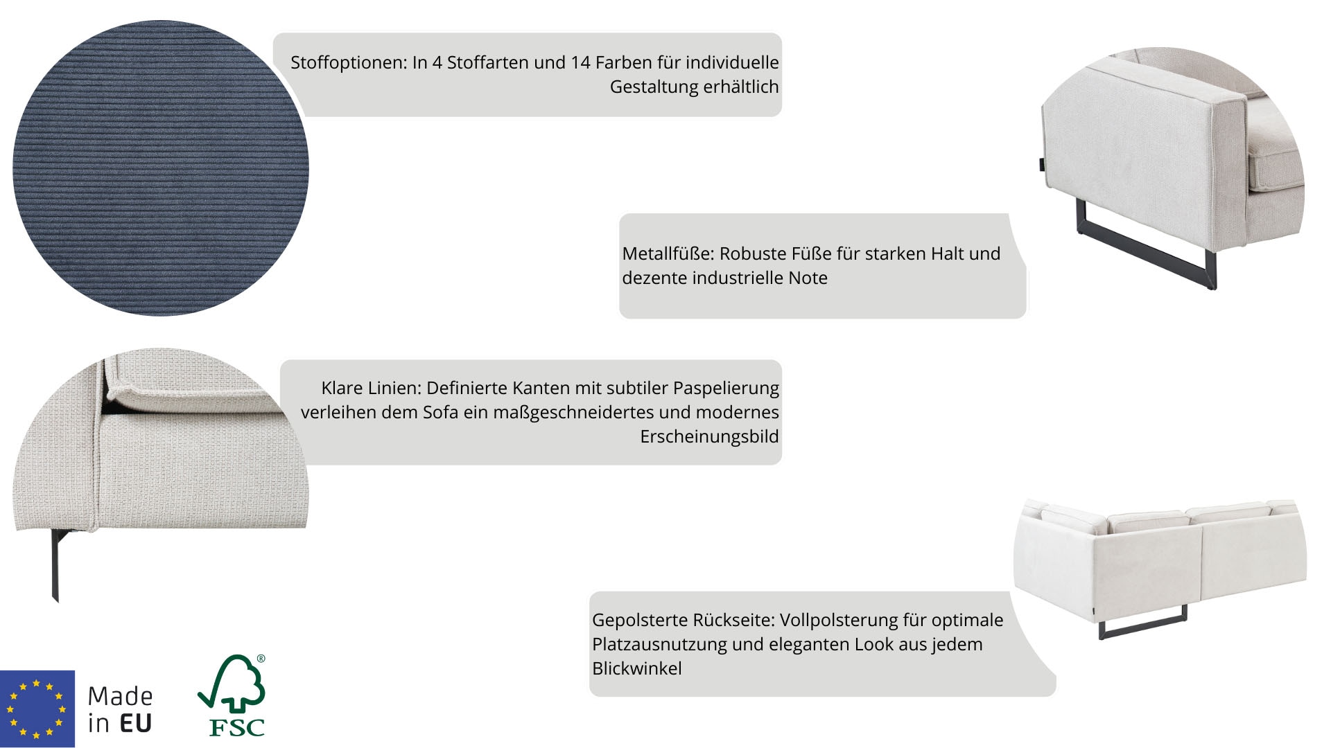 Places of Style Ecksofa »Pinto, XXL, 250/290 cm, langer Schenkel, Ottomane«, Cord, Chenille, Lederoptik, mit Keder, Metallfüße, Wellenunterfederung