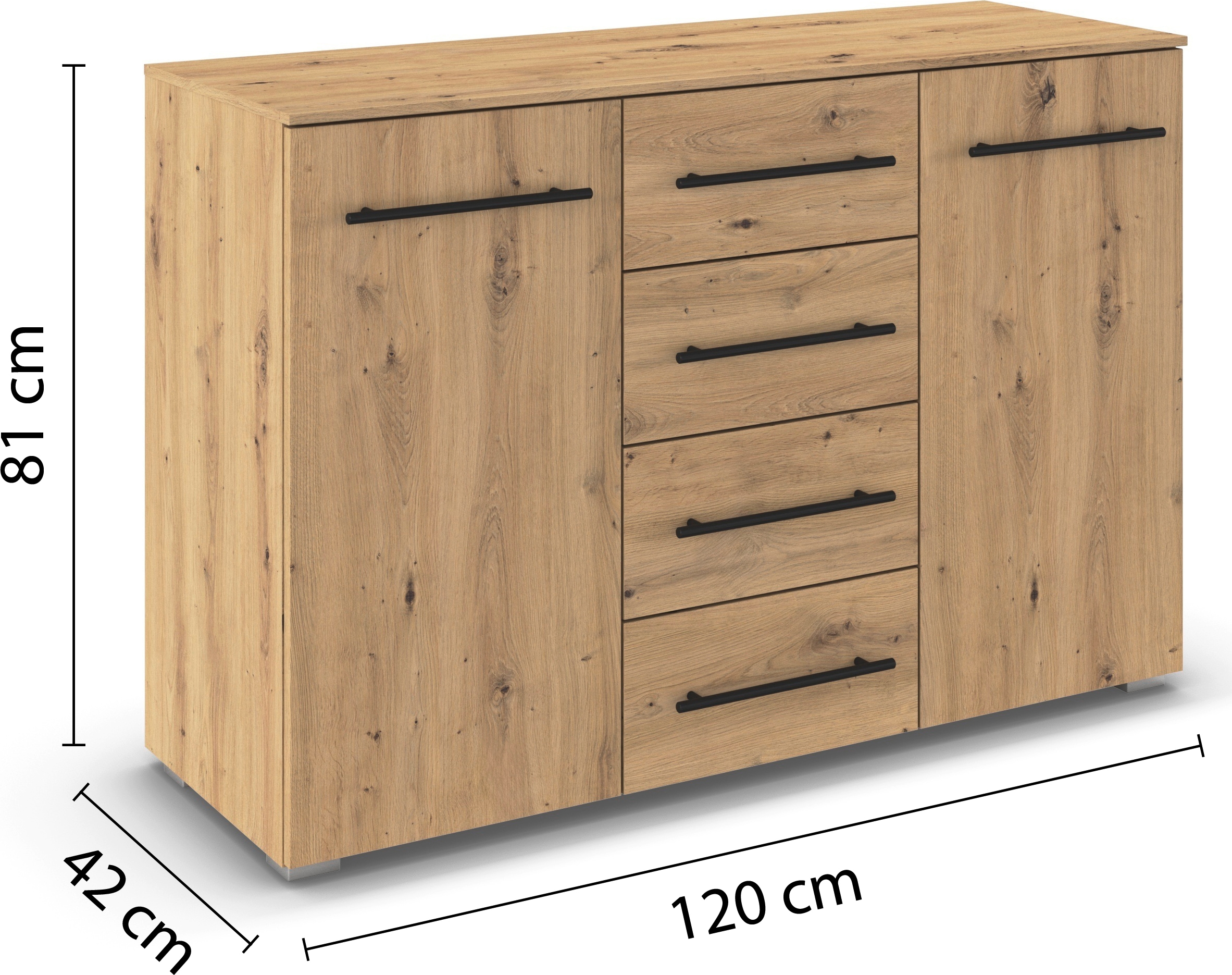 rauch Kombikommode »Sideboard Schubladenkommode AVOLA mit Dekorfront« Breite 120 cm inkl. Soft-Close-Funktion,  vier große Schubladen und 2 Türen, mit 4 Einlegeböden MADE IN GERMANY