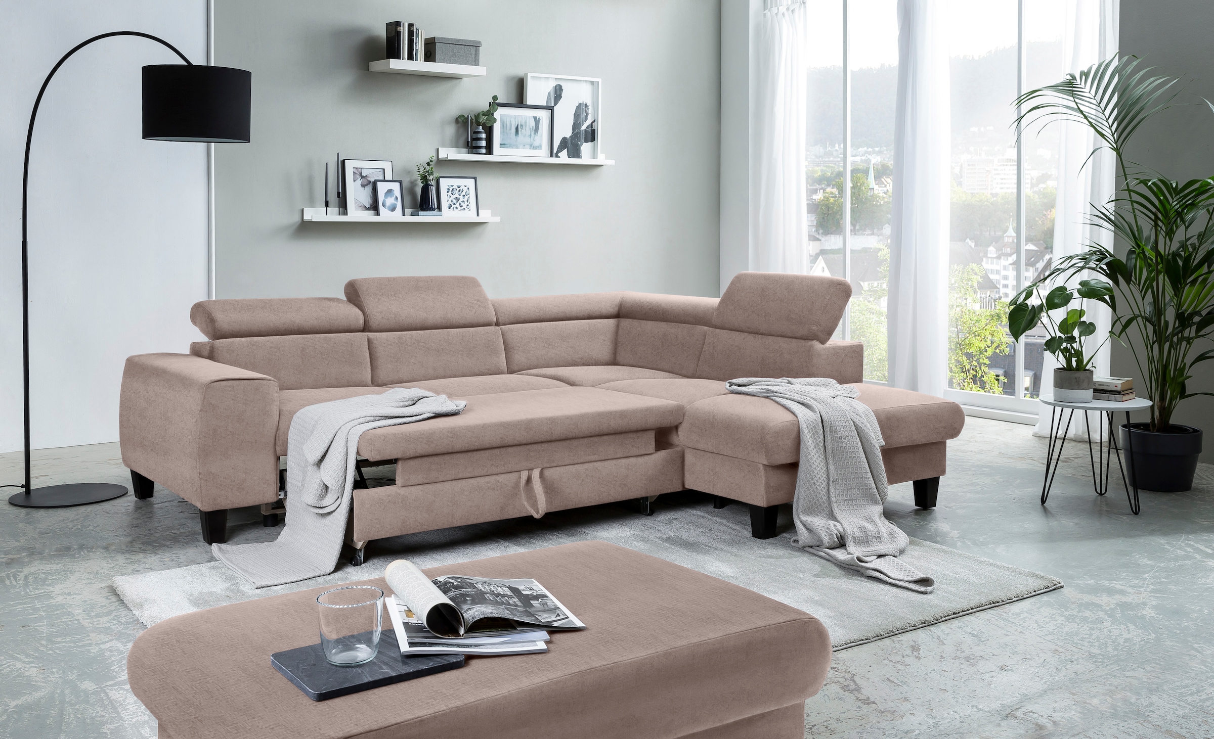 COTTA Ecksofa »Morven L-Form mit Kopfteilverstellung«, wahlweise mit Bettfunktion, Bettkasten & Wireless-Charger