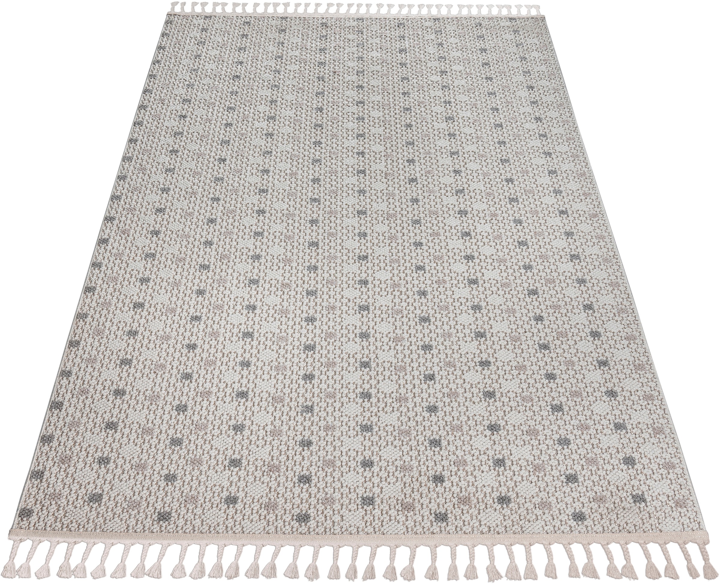 Bruno Banani Teppich »Dotty«, rechteckig, 6 mm Höhe, Woll-Optik, Hoch-Tief Struktur, In- und Outdoor geeignet, mit Fransen