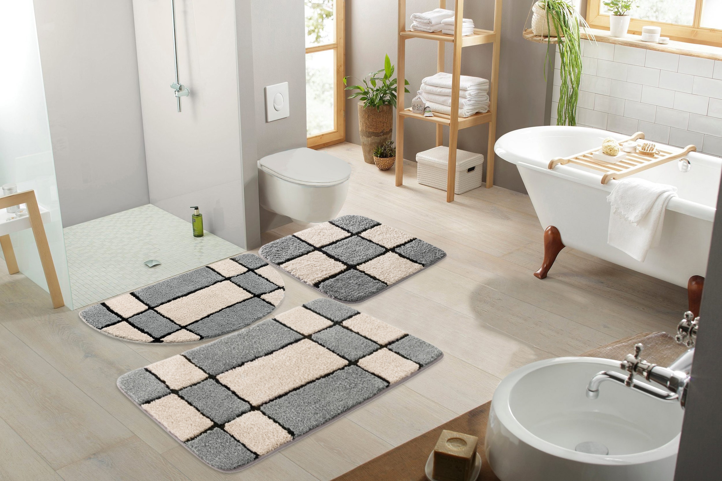 my home Badematte »Melli«, rutschhemmend beschichtet, fußbodenheizungsgeeignet, Badteppich, mit Muster, karierte Badematte