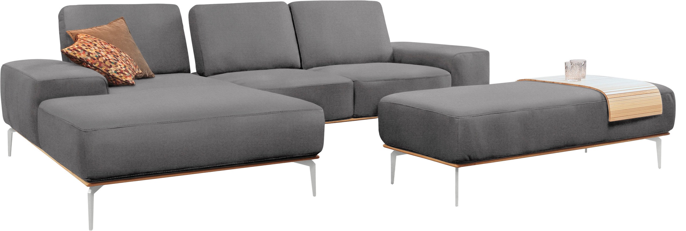 W.SCHILLIG Ecksofa »run, Designsofa mit tollem Sitzkomfort, L-Form«, mit elegantem Holzsockel, Füße in Chrom glänzend, Breite 279 cm