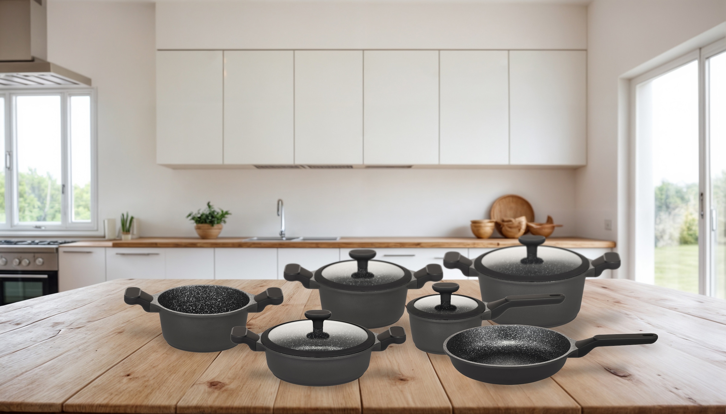 Hanseatic Topf-Set »Black Edition, mit langlebiger VITAFLON® GRANIT Antihaft-Versiegelung«, Aluminiumguss, (Set, 10 tlg.), Kochtopf-Set im modernen Design mit formschönen Soft-Touchgriffen