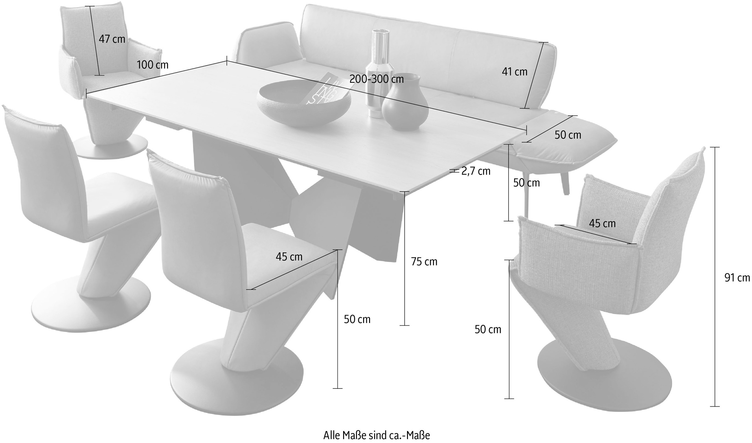 K+W Komfort & Wohnen Essgruppe »Drive«, (Set, 6 tlg.), 2 Drehstühle, 2 Drehsessel und Tisch mit Auszugfunktion 200-300cm