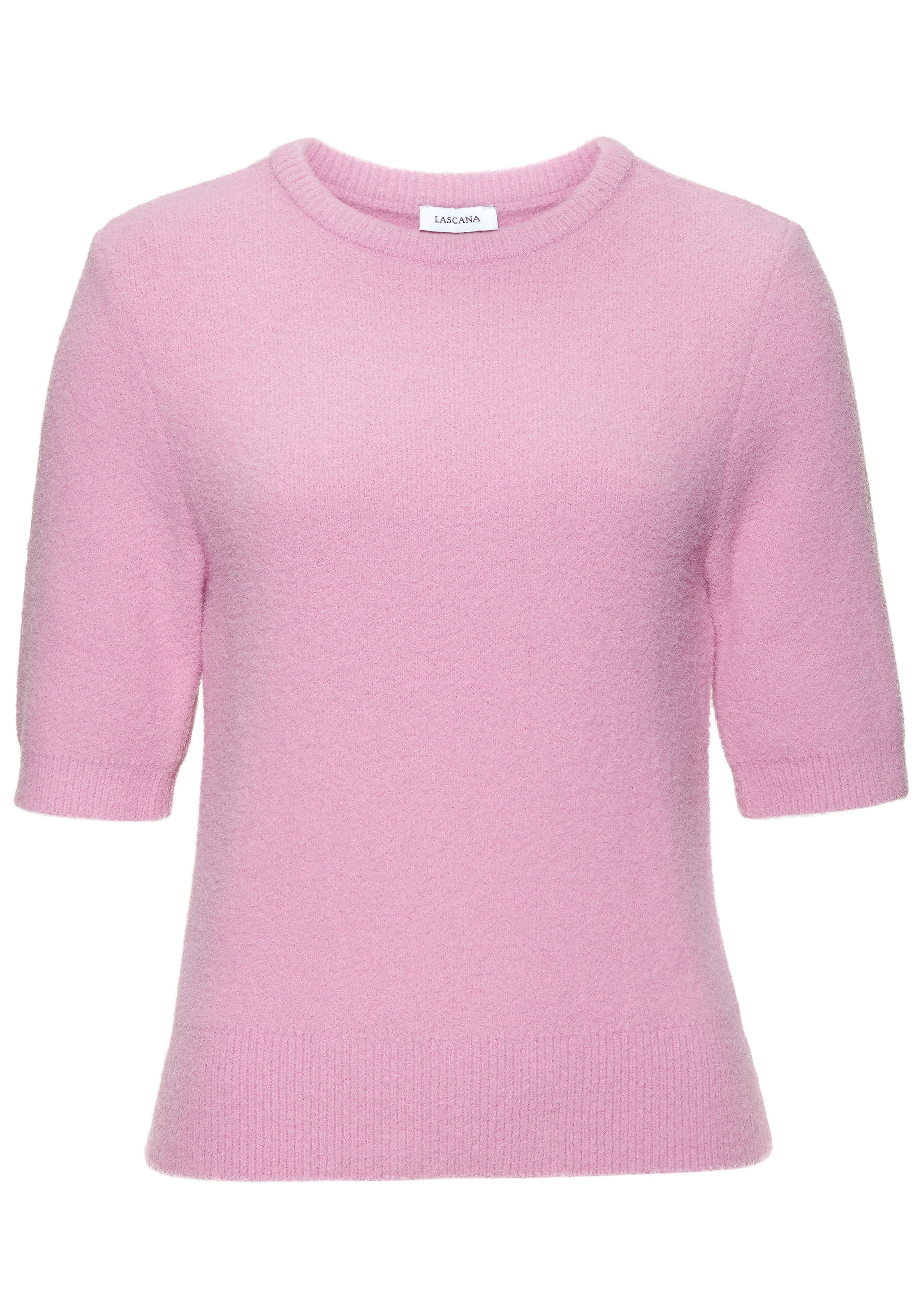 LASCANA Kurzarmpullover, flauschiger Strickpullover, figurnaher Schnitt