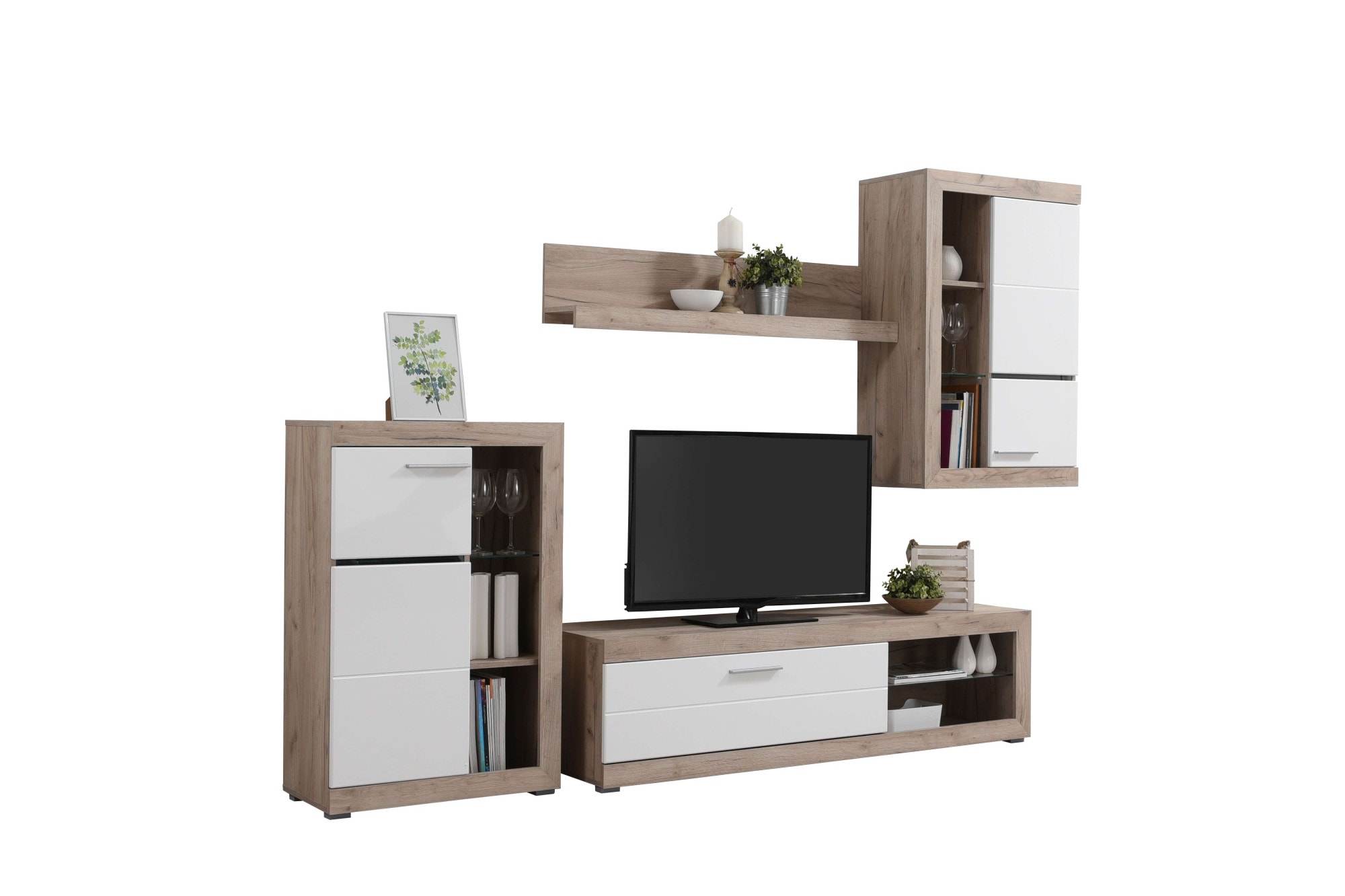 INOSIGN Wohnzimmer-Set »Rosso Wohnwand, Mediawand, Anbauwand, für TV bis 60', Breite 267 cm«, (Komplett-Set, 4 St., 4-st), Set besteht aus Highboard, TV-board, Wandregal und Hängeschrank