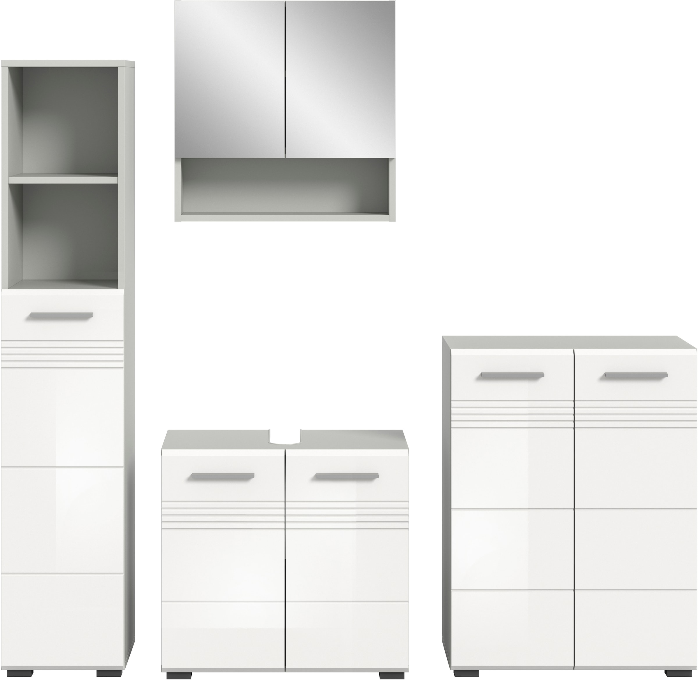 welltime Badmöbel-Set »Calicio, bestehend aus: Hochschrank, Waschbeckenunterschrank,«, (4 St.), Spiegelschrank, Midischrank, hochwertige MDF Front mit Rillenfräsung