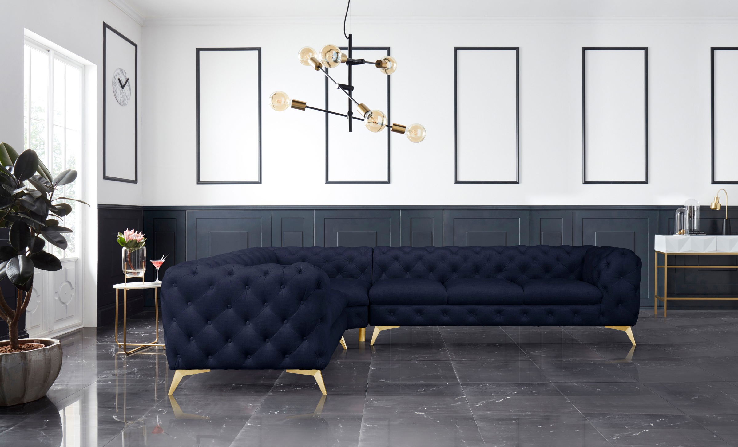 Leonique Chesterfield-Sofa »Ecksofa GLYNIS L-Form mit Wellenunterfederung, Maße B/T/H 323/264/75cm«, aufwändige Knopfheftung, moderne Chesterfield Optik, Fußfarbe wählbar