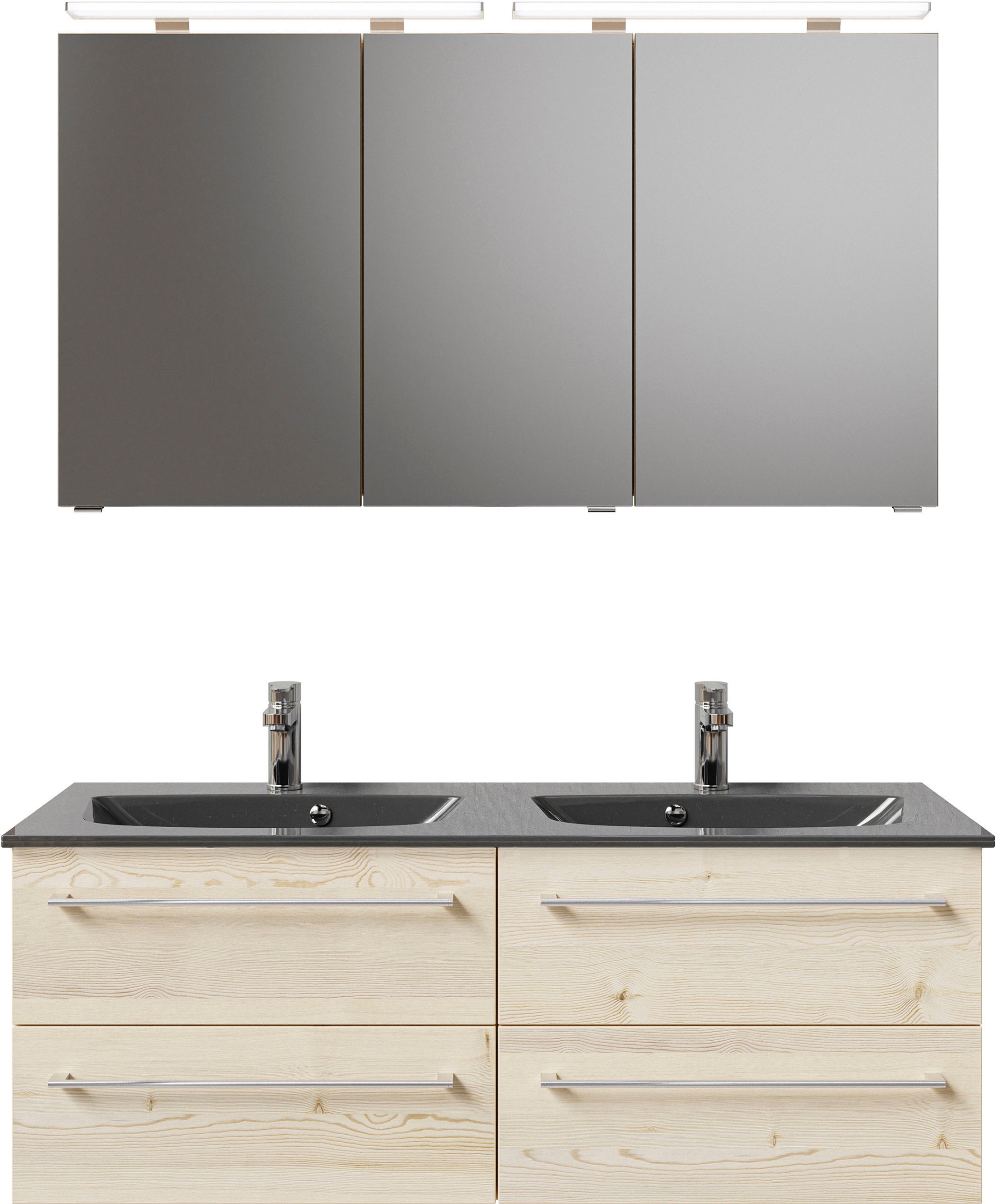 Saphir Badmöbel-Set »Serie 6025 2-teilig Mineralmarmor-Waschtisch mit LED-Spiegelschrank«, (2 St.), Waschplatz 132cm breit, 4 Schubladen, 2 Spiegel-Türen, inkl Türdämpfer