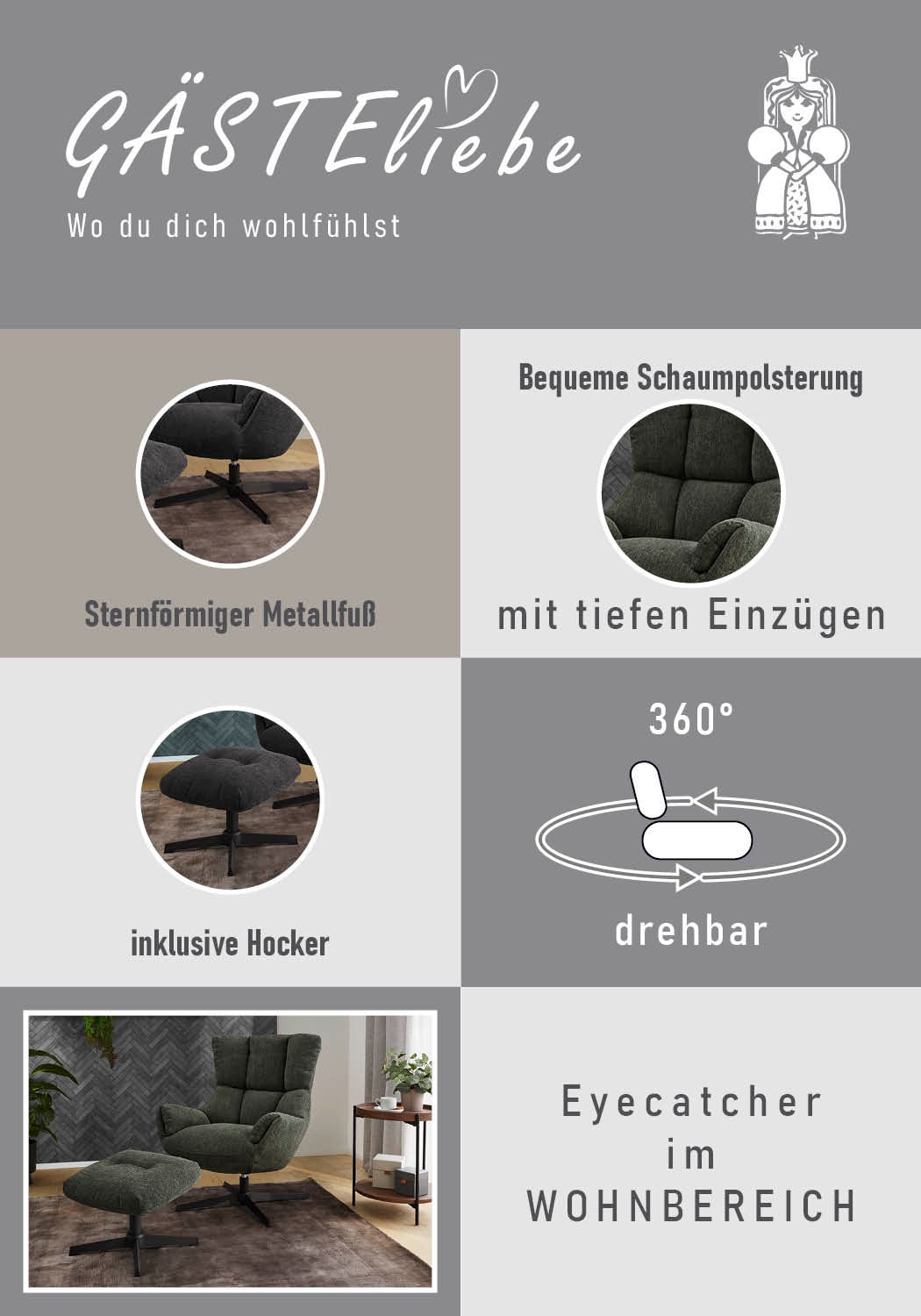 Jockenhöfer Gruppe Relaxsessel »Melania, B: 73 cm, Sitzhöhe: 45 cm« Set: mit Hocker, 360° Drehfunktion, kuscheliger Webstoff