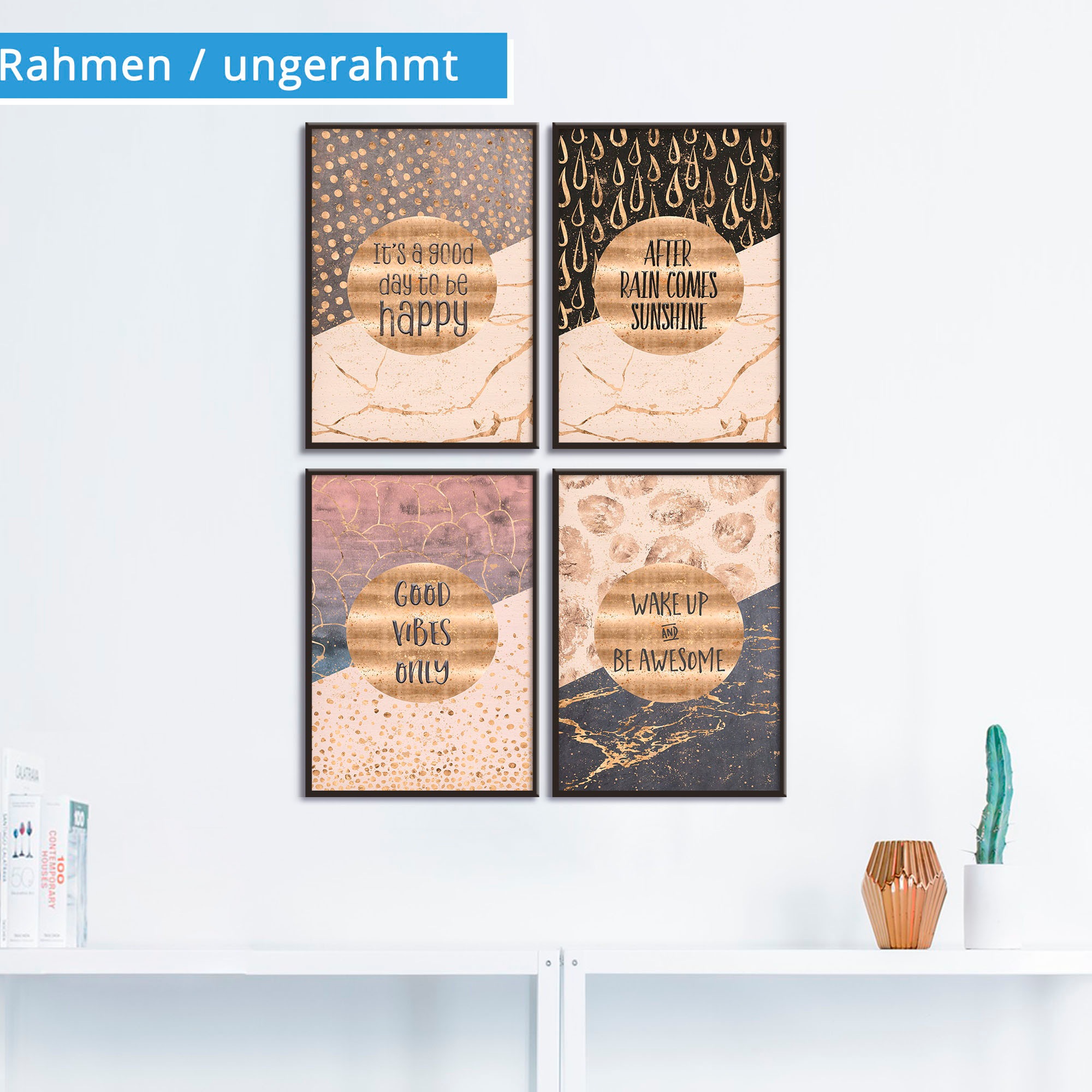 Artland Poster »4 Lebensweisheiten Gold«, Sprüche & Texte, (4 St.), Poster, Wandbild, Bild, Wandposter