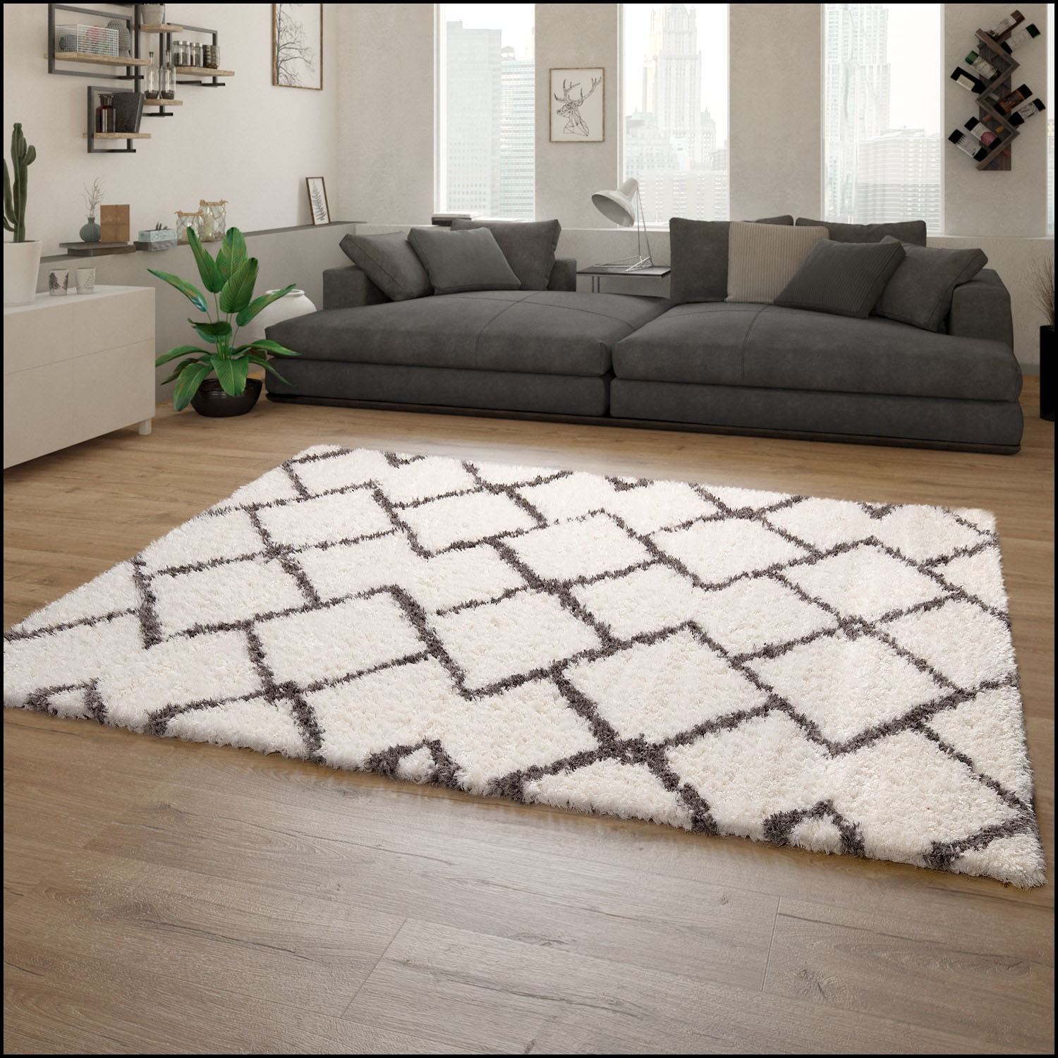 Paco Home Hochflor-Teppich »Maghreb 76«, rechteckig, 44 mm Höhe, modernes Gitter Design, weich und flauschig