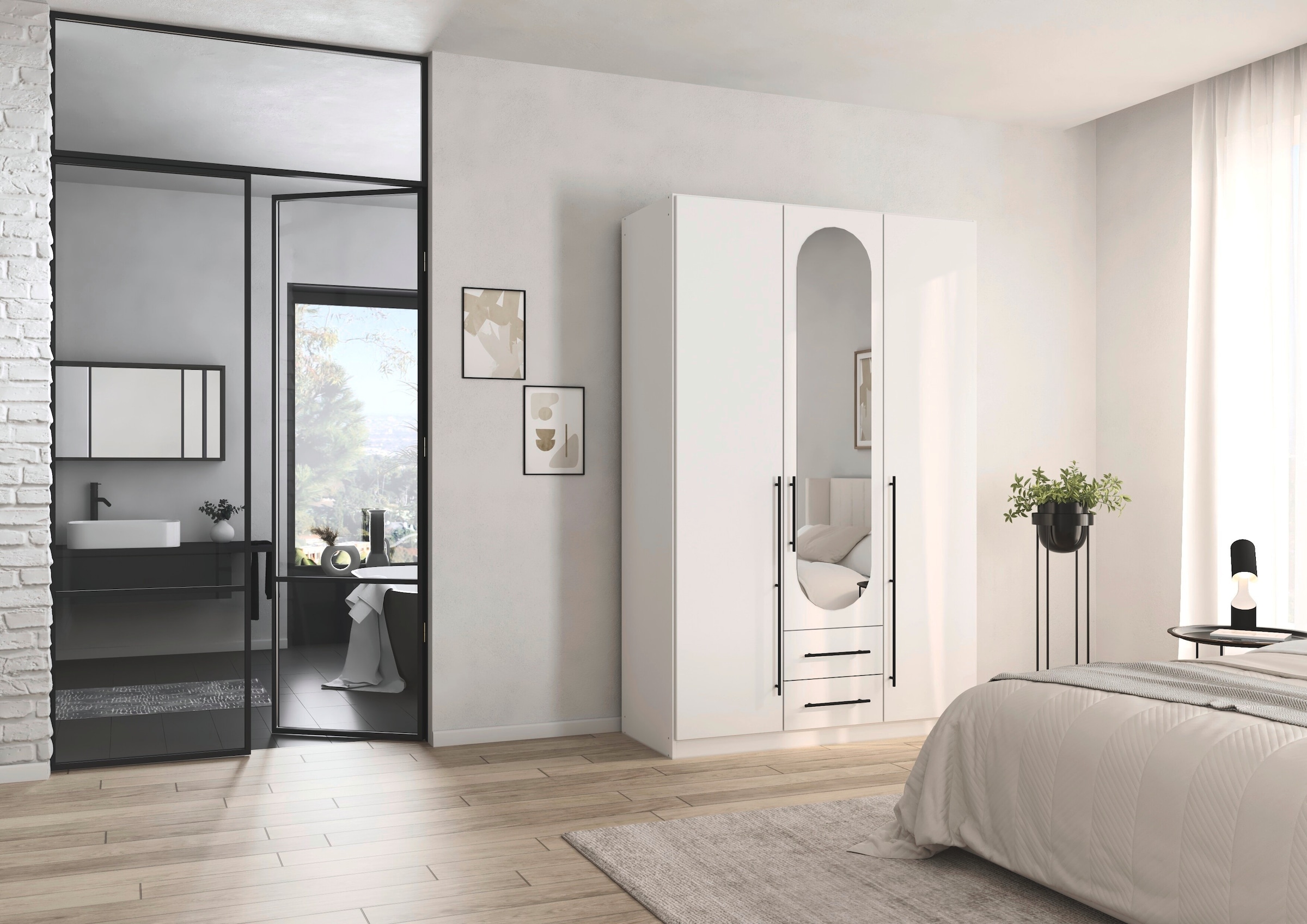 OTTO home Kleiderschrank »Schlafzimmer Schrank Garderobe RONDO Breiten 136/181/226/271 cm« 3 verschiedene Ausstattungen BASIC/CLASSIC/PREMIUM (inkl. SOFT-CLOSE),  elegante ovale Spiegelelemente Metallgriffe in Schwarz MADE IN GERMANY