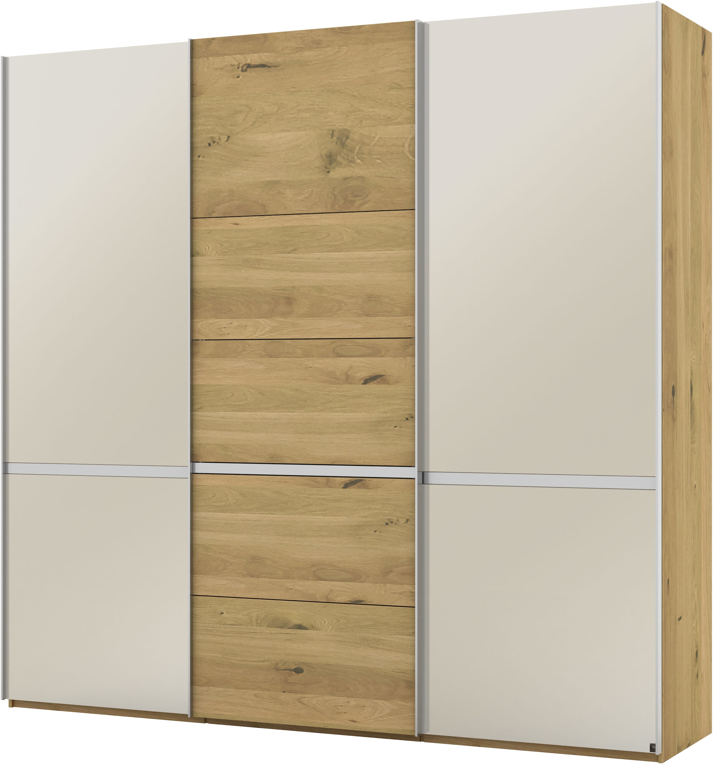 Musterring Schwebetürenschrank »Savona, Kleiderschrank, Schrank, Garderobe, mit Schiebetüren«, (Teilmassiv Bianco-Eiche, mit Spiegel oder Glas, MADE IN GERMANY), Türen Bianco-Eiche massiv, Spiegel-/Glastüren, eingelegte Chromleiste