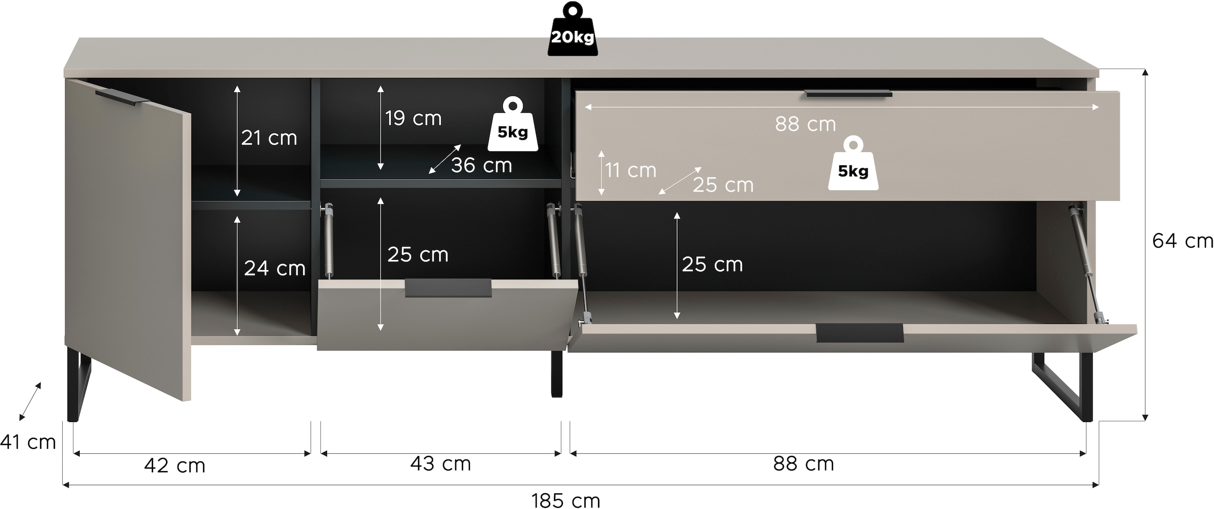 INOSIGN Lowboard »Adio, TV Lowboard, 185 cm Breite«, (1 St.), Adio, TV Lowboard, Kashmir NB, 2 Klappen, 1 Schublade, 1 Tür