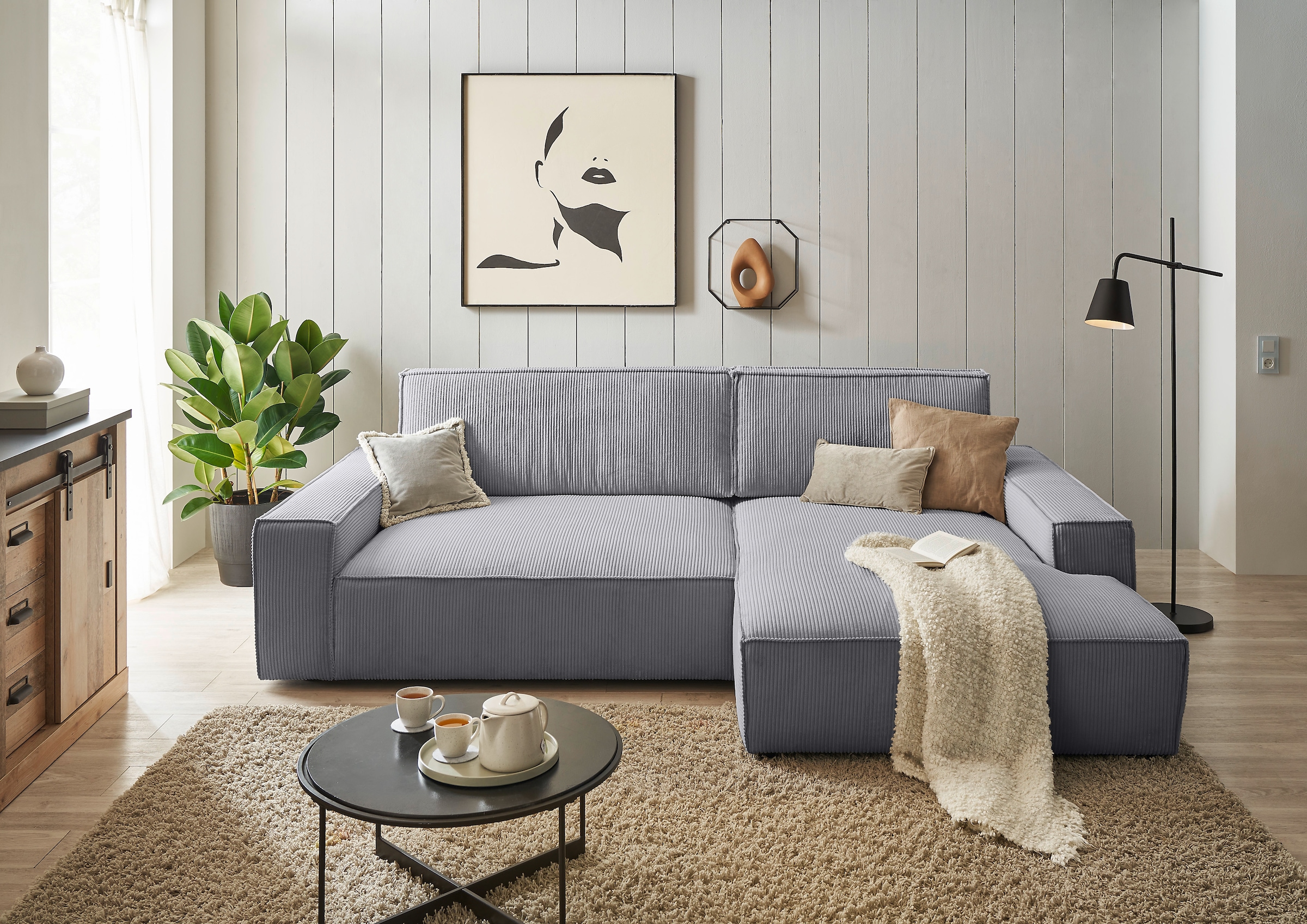Home affaire Ecksofa »NEU: SHERWOODL XXL 284, Big-Sofa L-Form, tiefe Sitzfläche 95 cm, Cord,«, Leinenoptik, Recamiere rechts/links, auch als Schlafsofa stellbar
