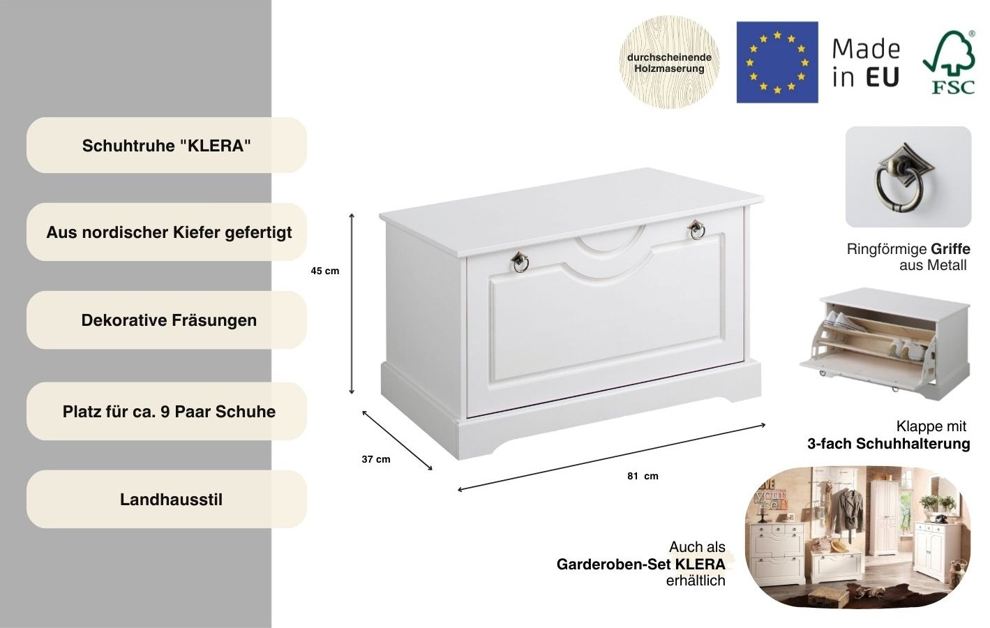 Home affaire Schuhtruhe »Klera«, Breite 81 cm, aus massiver Kiefer, FSC®-zertifiziert