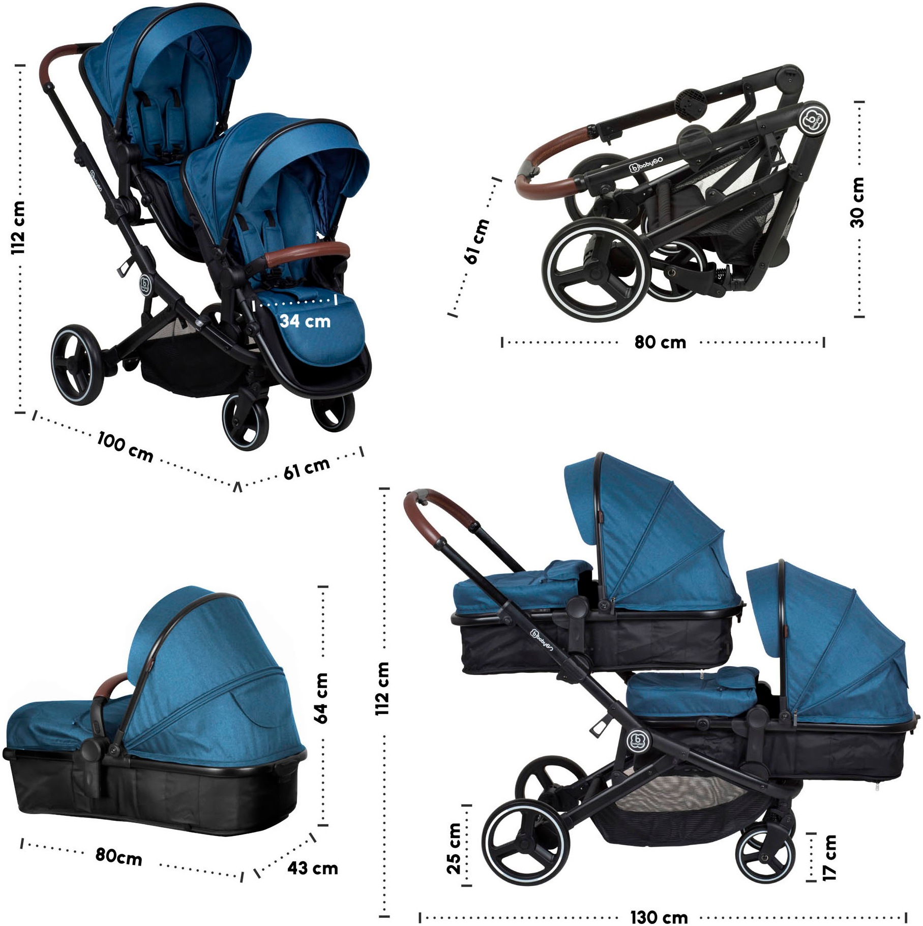 BabyGo Zwillings-Kombikinderwagen »Twinner Set, Blau melange«, 30 kg, inkl. 2 Regenhauben, Wickeltasche