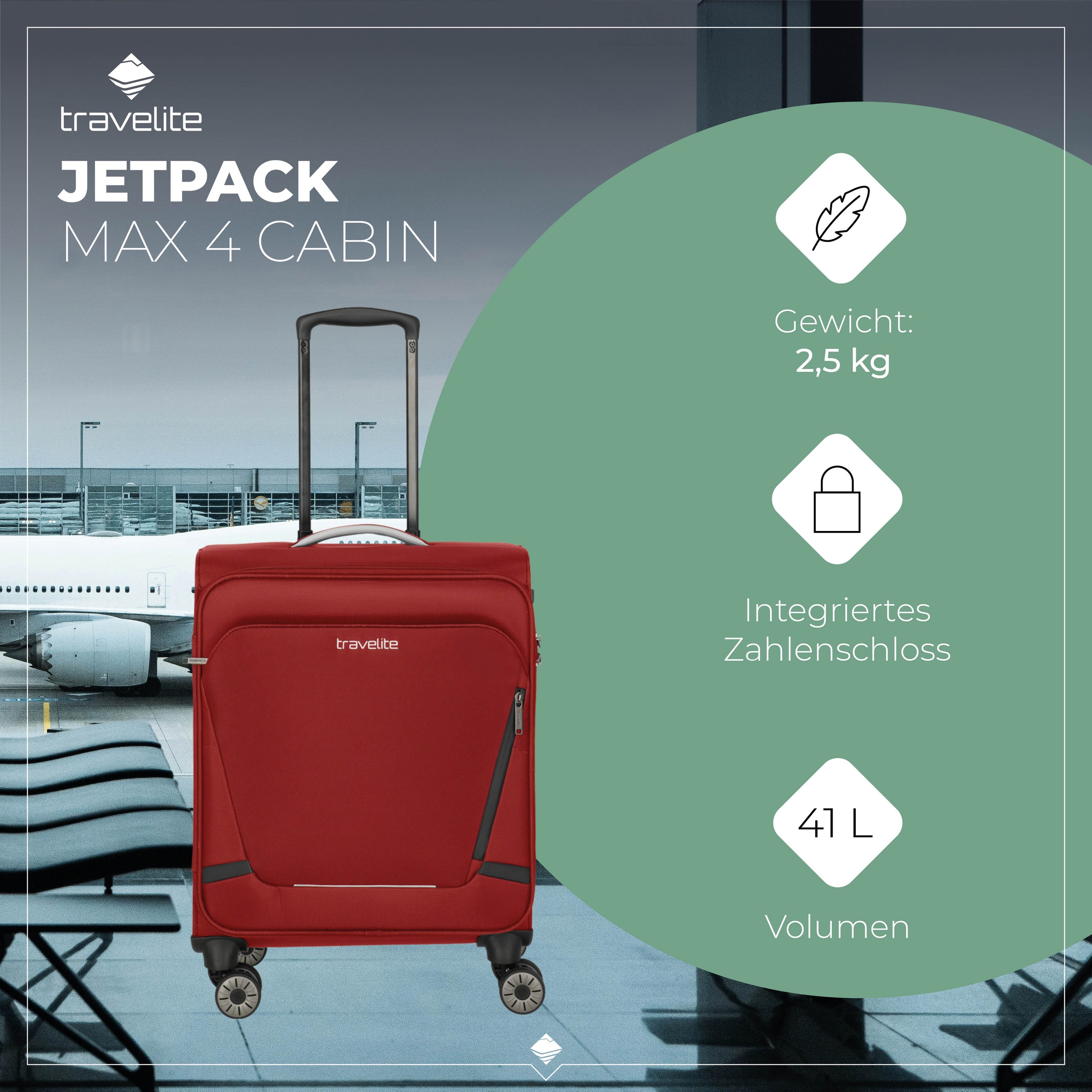 travelite Handgepäck-Trolley »JETPACK Max 4 Cabin, konzip. für Lufthansa, Austrian Airlines & Swiss«, 4 Rollen, Weichgepäck-Koffer Handgepäck für die meisten gängigen Airlines
