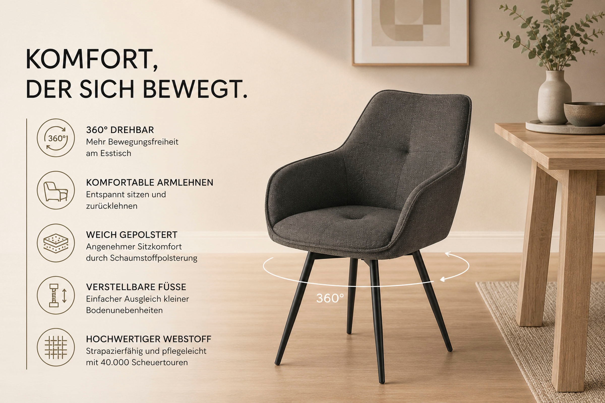 OTTO home Esszimmerstuhl »Azura« (Set) 2 Stk.Moderner Armlehnstuhl mit 360 Grad drehbarer Sitzschale in Webstoff