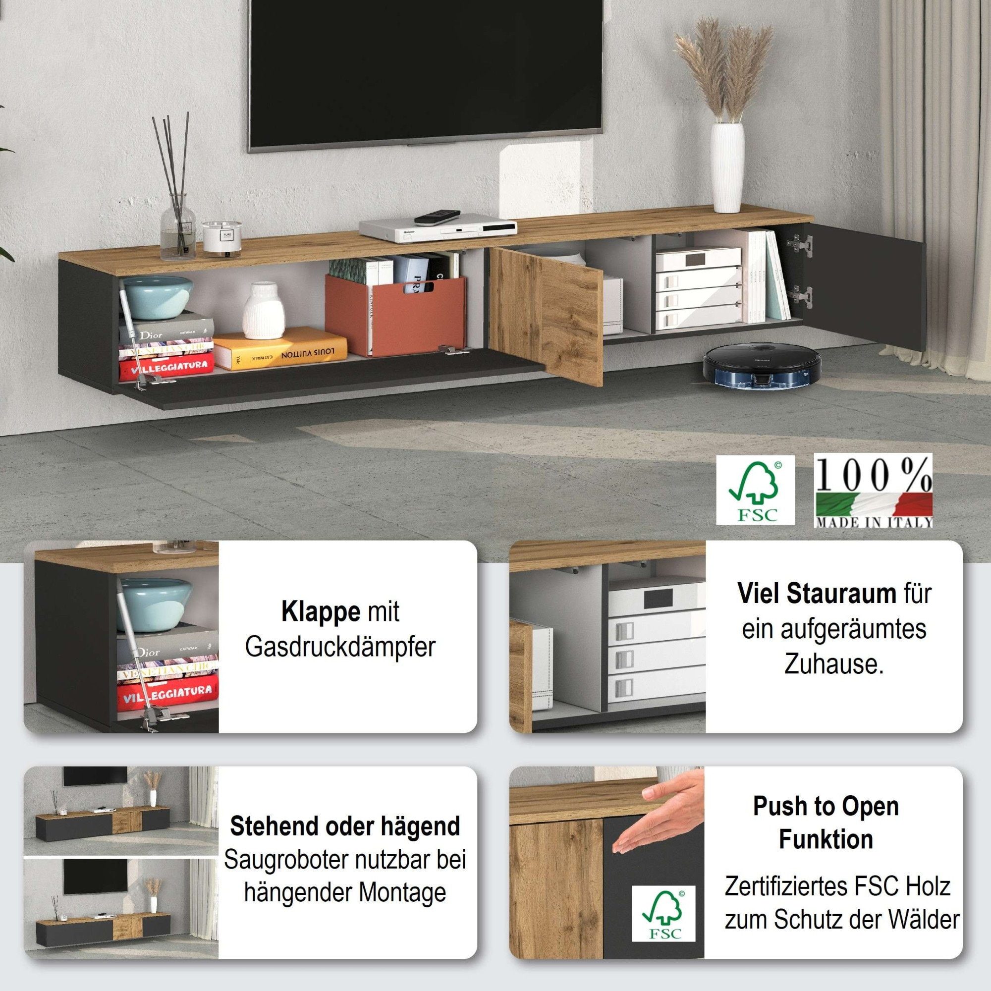 INOSIGN Lowboard »Lowboard ISEO,Lowboard,TV-Kommode,TV-Möbel,TV-Bank« 1 Stk. tlg. stehend/hängend, 1 Klappe, 2 Türen, 3 Fächer, Breite 210 cm
