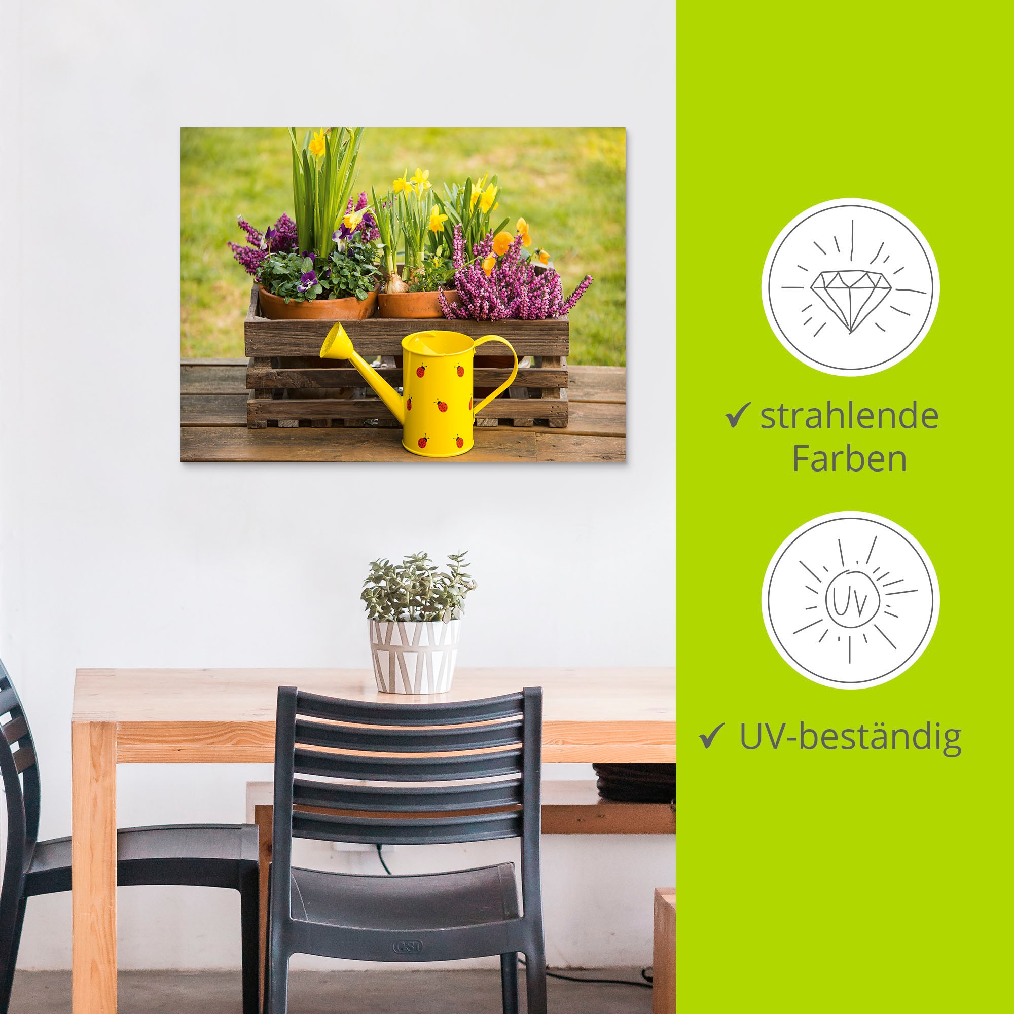 Artland Wandbild »Holzkiste Heidekraut Narzissen Gießkanne«, Vasen & Töpfe, (1 St.), als Alubild, Outdoorbild, Leinwandbild in verschied. Größen
