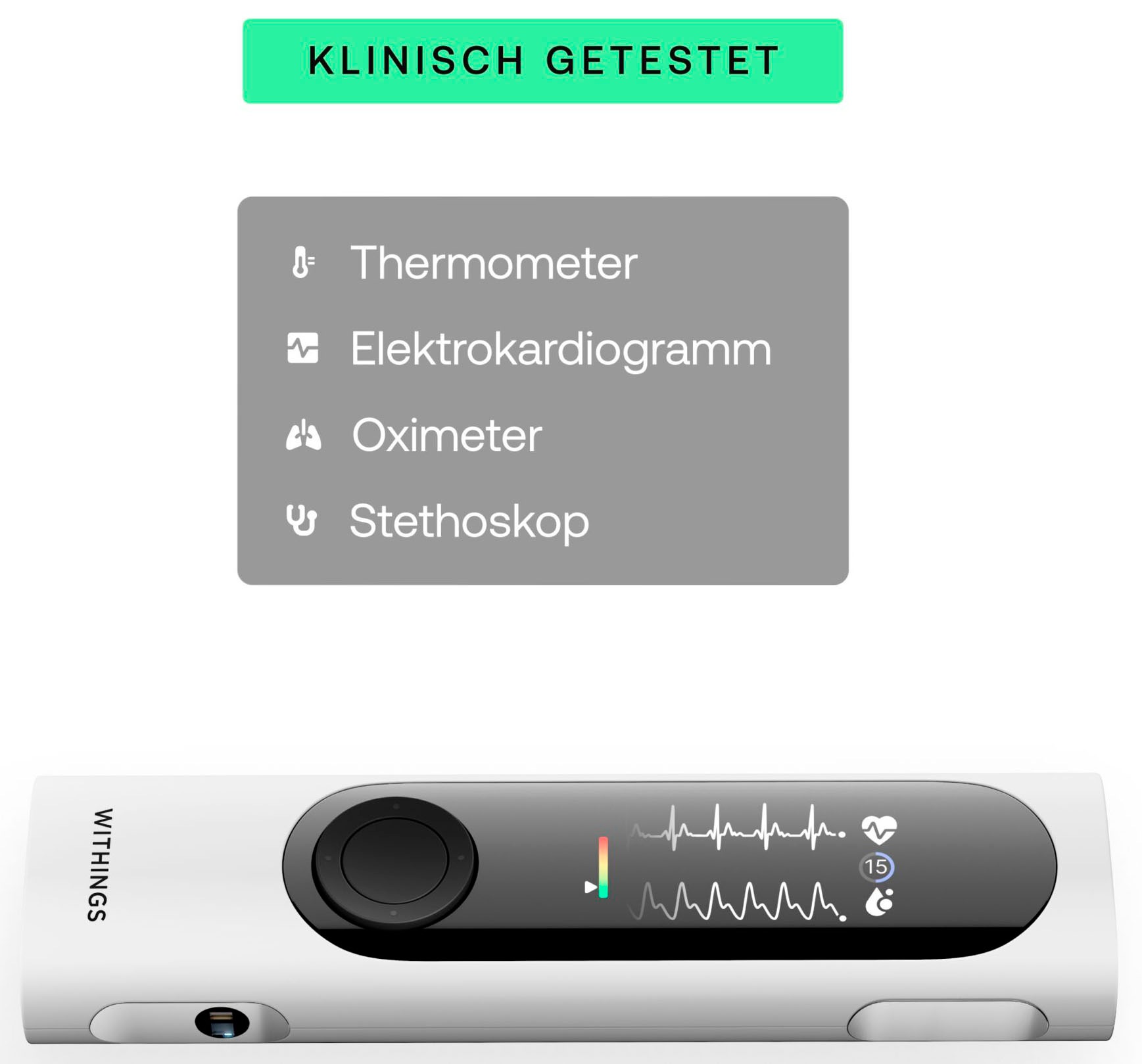 Withings Fieberthermometer »»BeamO 4-in-1« Gesundheits-MultiScan mit EKG-Aufzeichnung«, Herz- & Lungenauskultation, Sauerstoffsättiungs- & Temperaturmessung