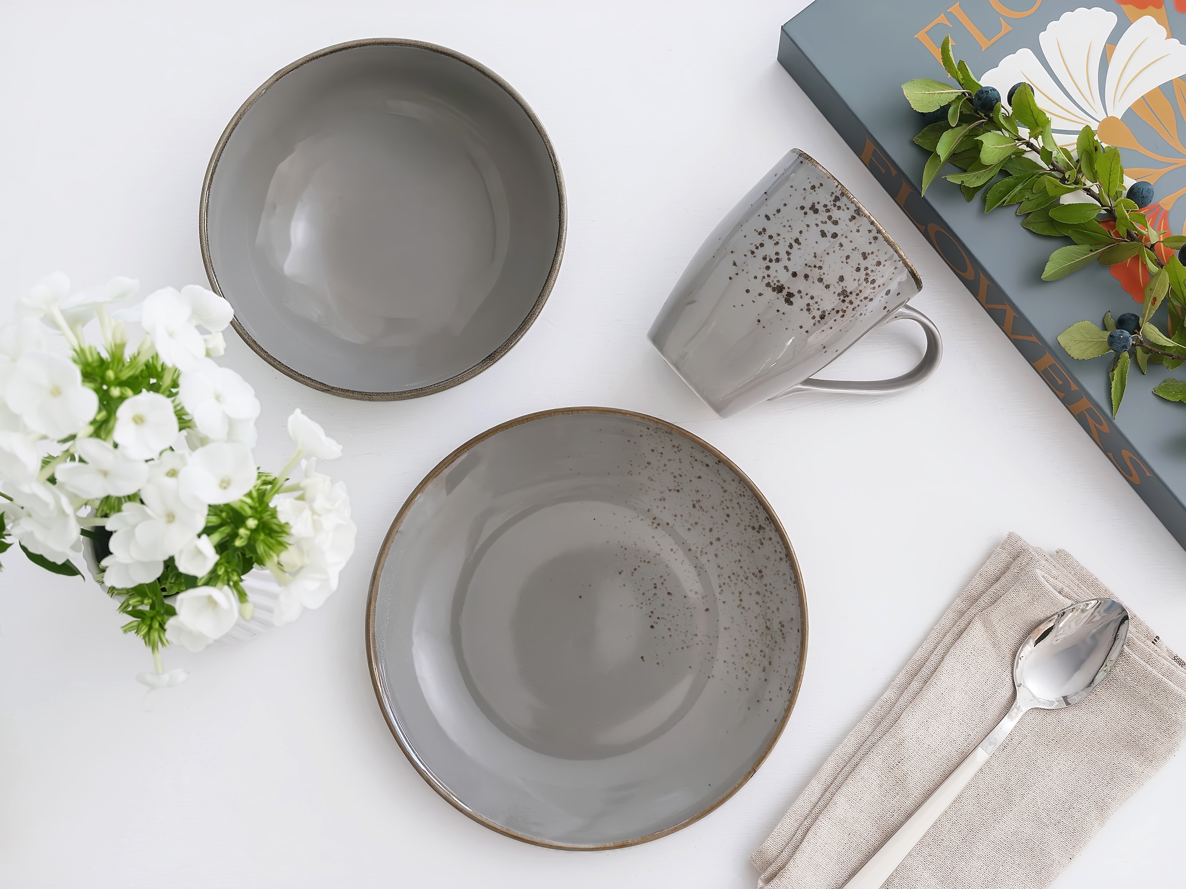 CreaTable Kaffeeservice »Nature Collection, Service, 12-tlg.« Handgemalte Sprenkel und Ränder, Reaktivglasur