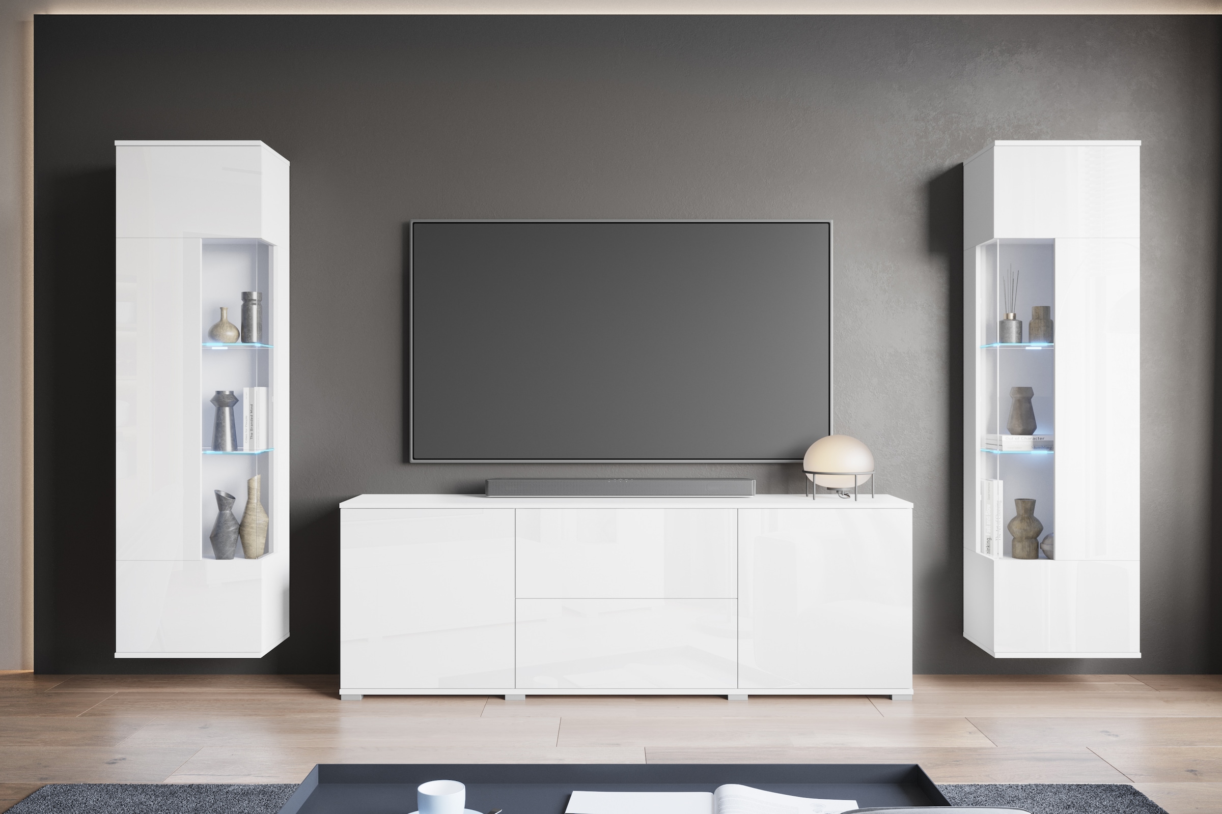 INOSIGN Wohnwand »KENIA«, (Komplett-Set, 3 St.), Vitrinen mit Eckverglasung, hängend und stehend montierbar