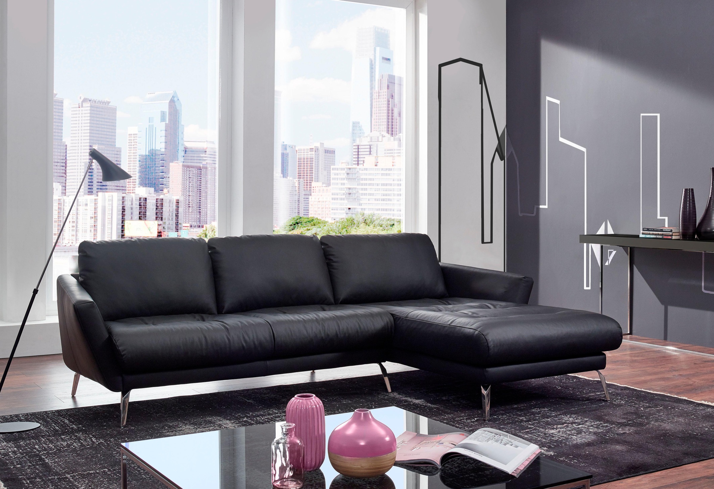 W.SCHILLIG Ecksofa »softy, Designsofa, zeitlos und elegant, hoher Sitzkomfort, L-Form«, mit dekorativer Heftung im Sitz, Füße Chrom glänzend