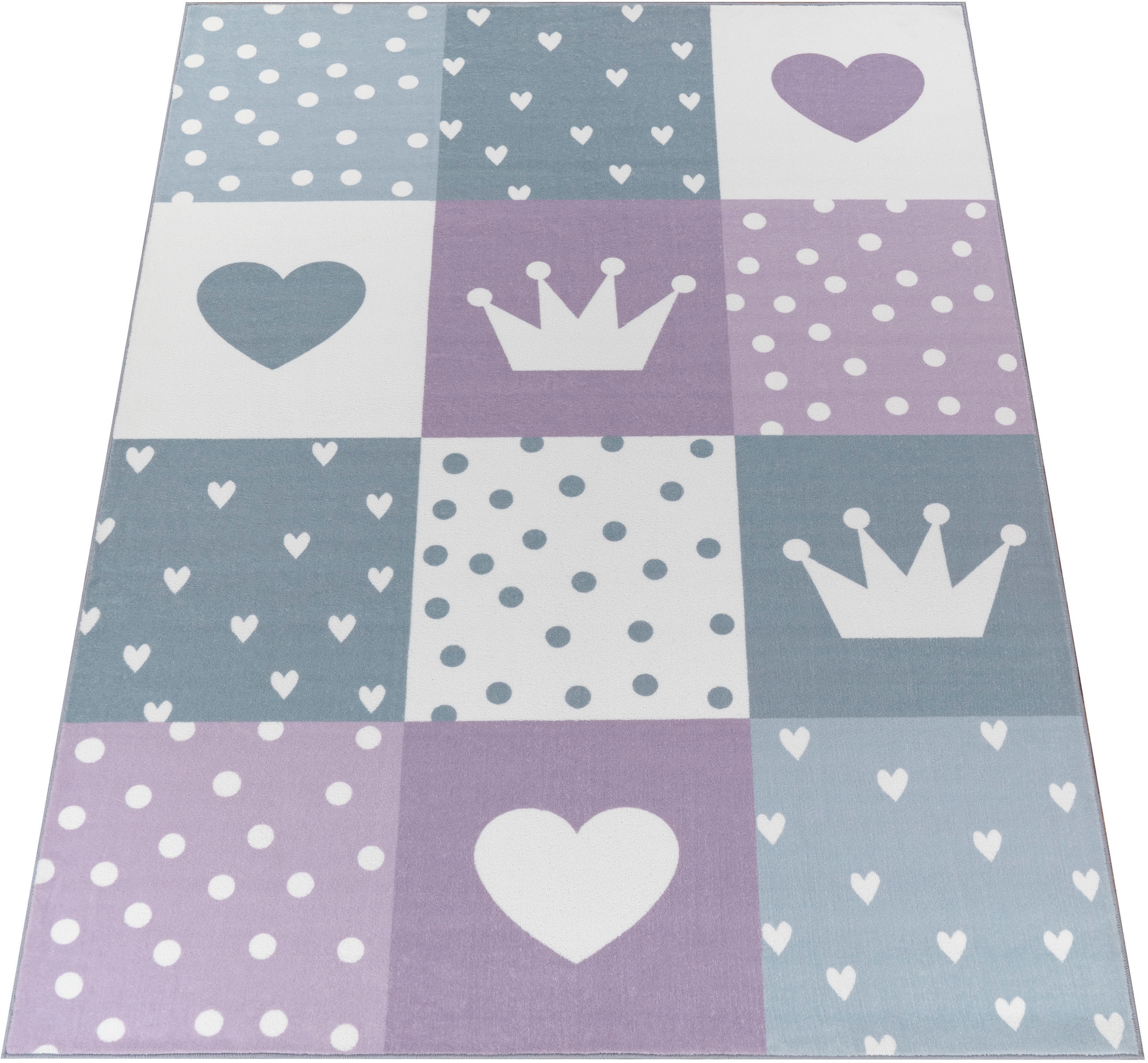 Paco Home Kinderteppich »Eliz 391«, rechteckig, 12 mm Höhe, Kurzflor, Spielteppich, Patchwork-Muster, Motiv Krone, Herz & Punkte
