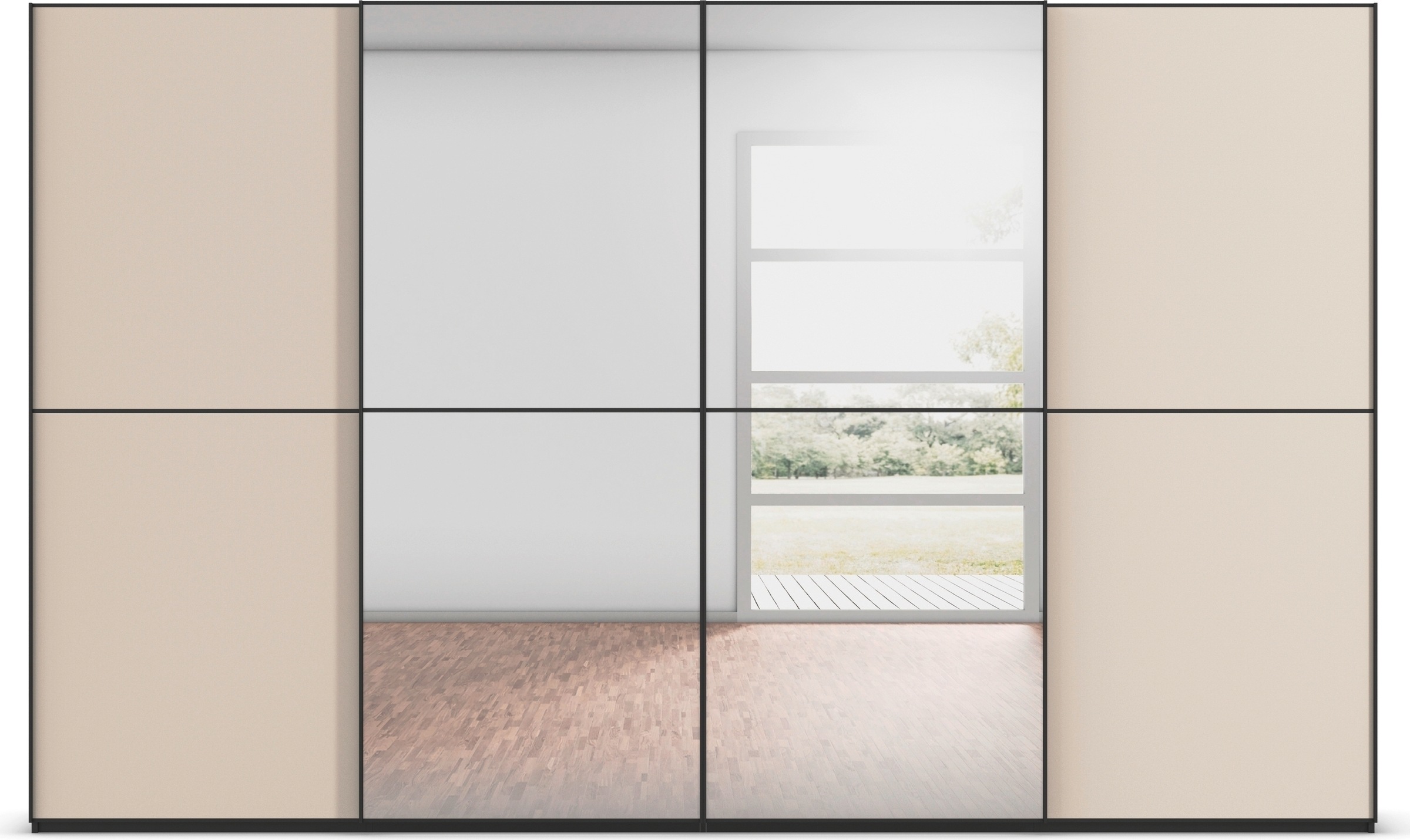 rauch Schwebetürenschrank »Kleiderschrank Schrank Garderobe Schlafzimmerschrank SCALE-DUO«, edle zweigeteilte Türen Spiegel/Glas-Mix 3 Zierleisten MADE IN GERMANY