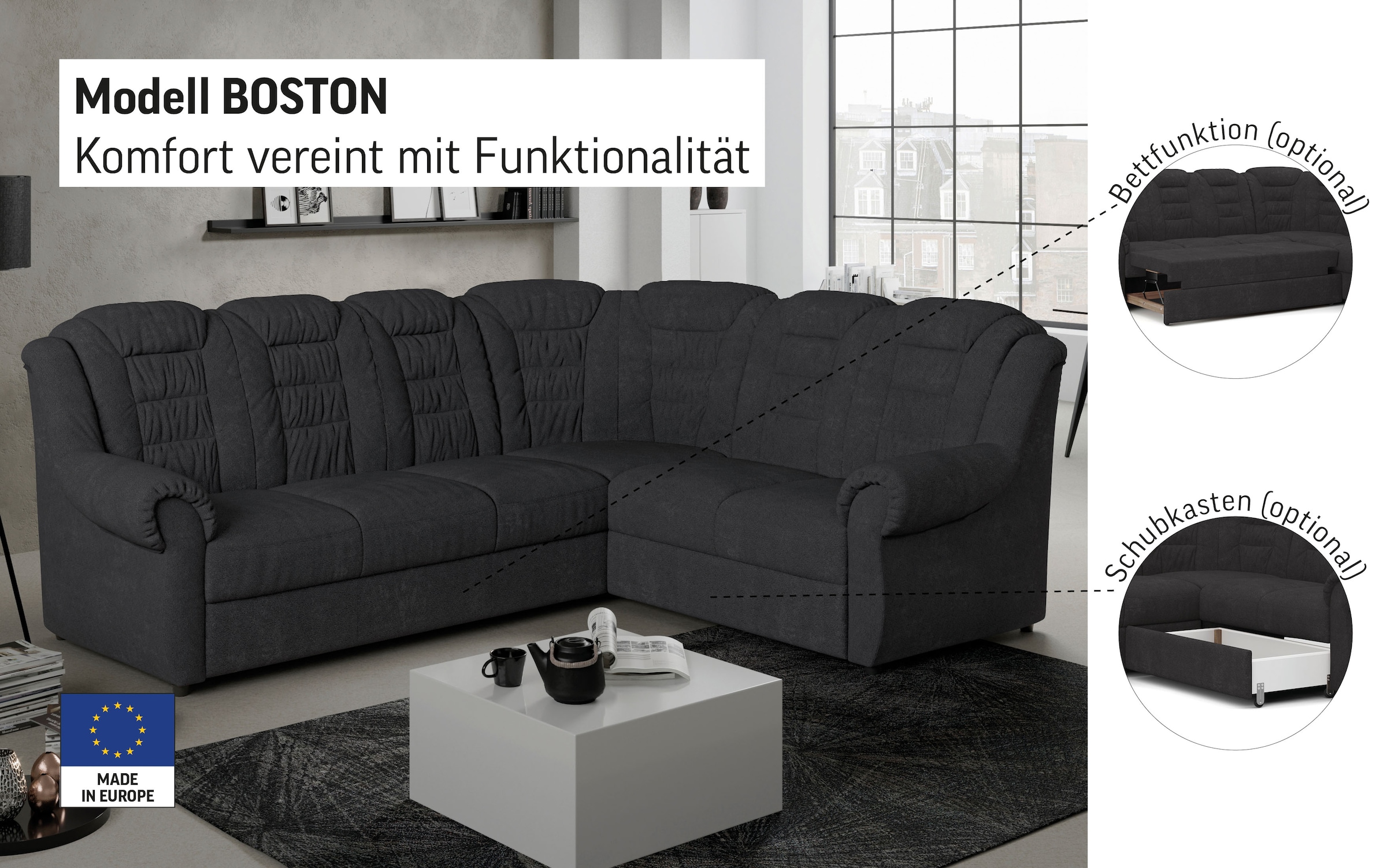 Home affaire Ecksofa »Boston L-Form«, mit hoher Rückenlehne, wahlweise mit Bettfunktion & Stauraum