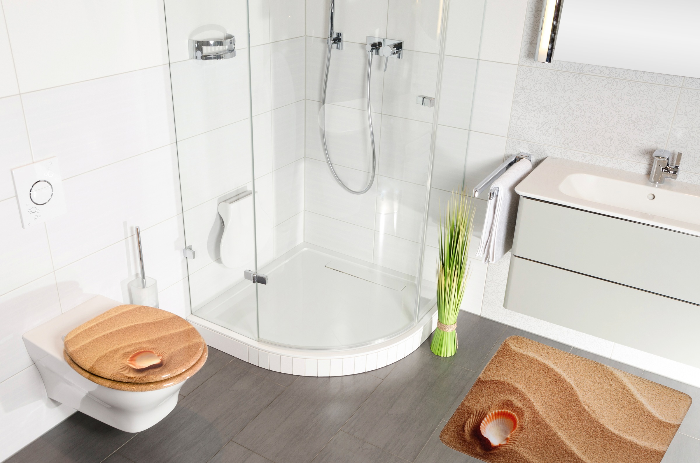 Sanilo Badaccessoire-Set »Clam«, (Komplett-Set, 3 tlg.), bestehend aus WC-Sitz, Badteppich und Waschbeckenstöpsel