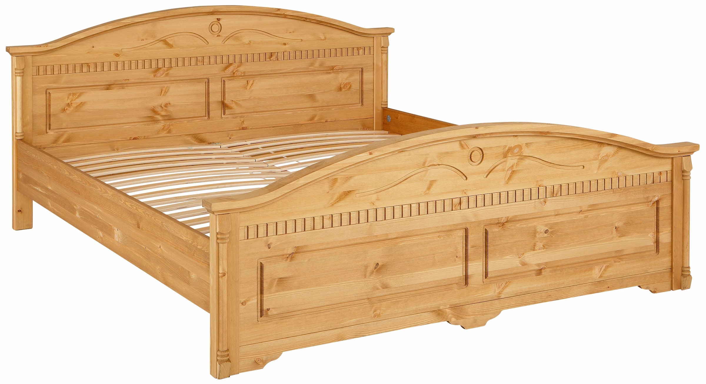 Home affaire Massivholzbett »Graz, hohe Belastbarkeit, klassischer Landhausstil, FSC® zertifiziert«, (Breite/Belastbarkeit 180cm/220 KG, 90cm/=120KG), mit dekorativen Fräsungen, inklusive Lattenrost