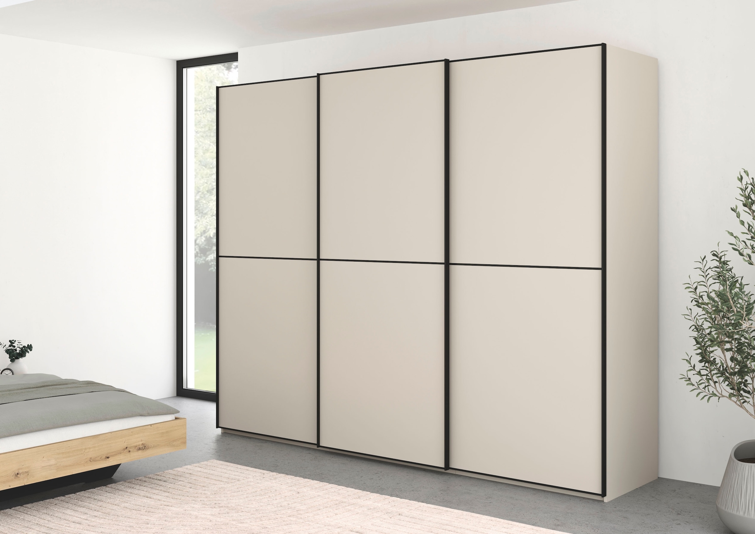 rauch Schwebetürenschrank »Kleiderschrank Schrank Garderobe Schlafzimmerschrank SCALE-DUO«, edle zweigeteilte Türen und 3 Zierleisten MADE IN GERMANY