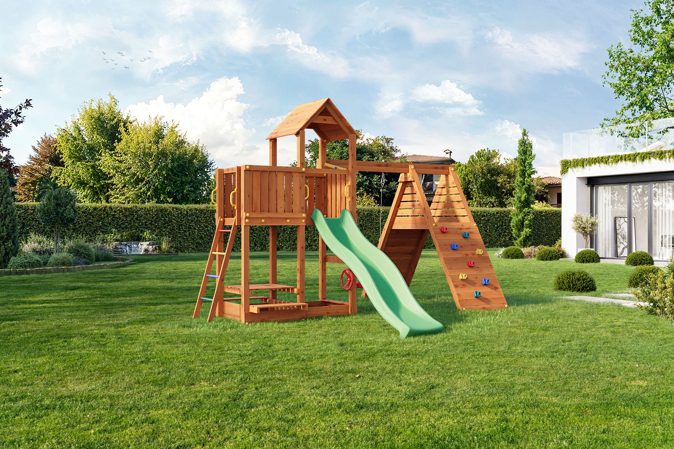 FUNGOO Spielturm »FLUPPI« mit Rutsche, Schaukel und Klettergerüst und Picknicktisch