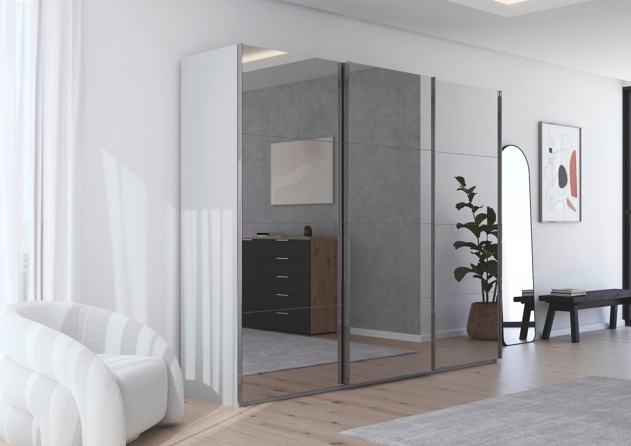 rauch Schwebetürenschrank »Kleiderschrank Schrank Garderobe Schlafzimmerschrank SCALE-FYRA«, edle viergeteilte Türen, Spiegelfront und viele Farben MADE IN GERMANY