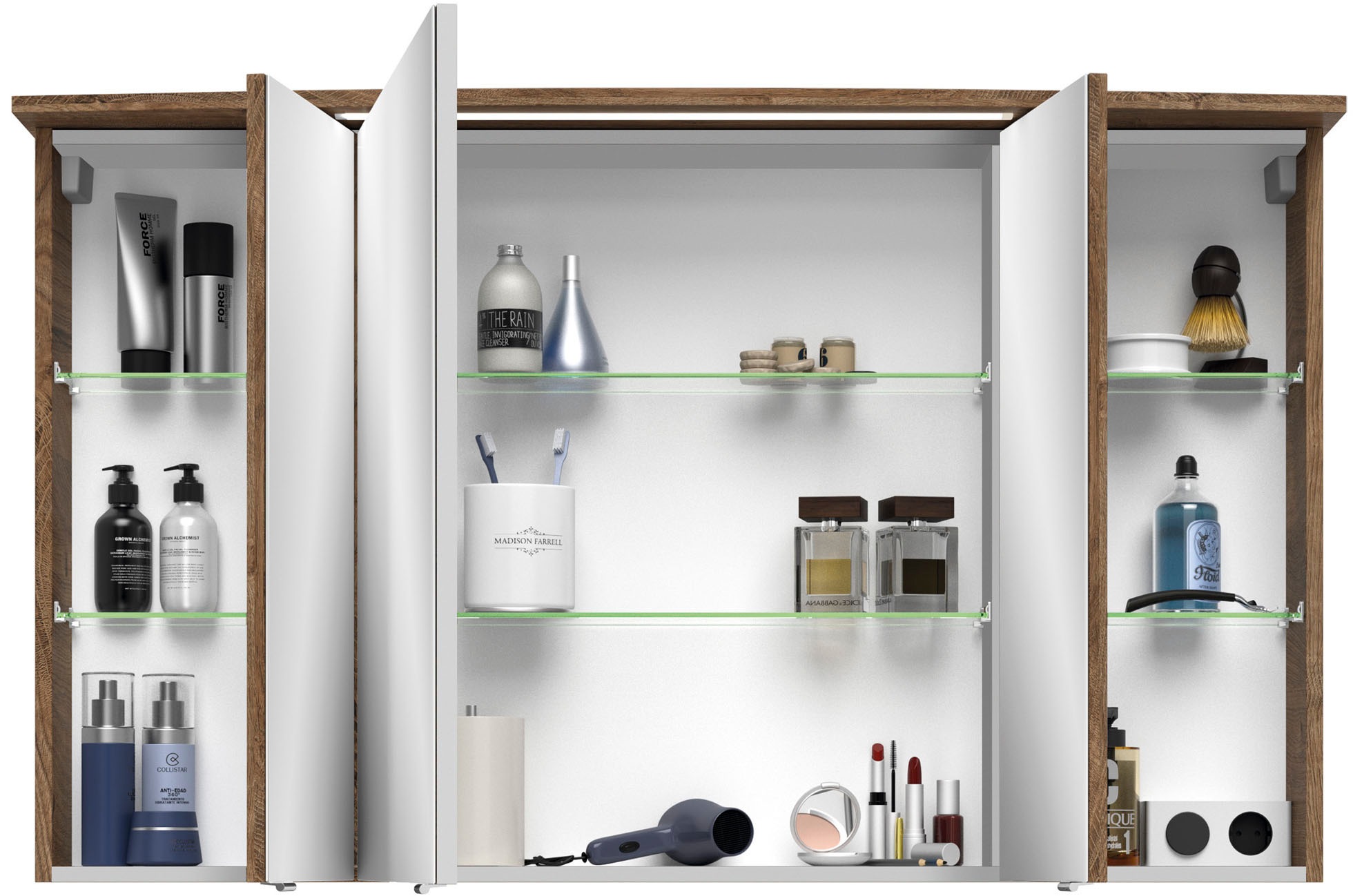 Saphir Badezimmerspiegelschrank »Serie 4010 Badezimmer-Spiegelschrank inkl. LED-Beleuchtung im Kranz«, Badschrank 122 cm breit, 3 Türen, 6 Glas-Einlegeböden, inkl Türdämpfer
