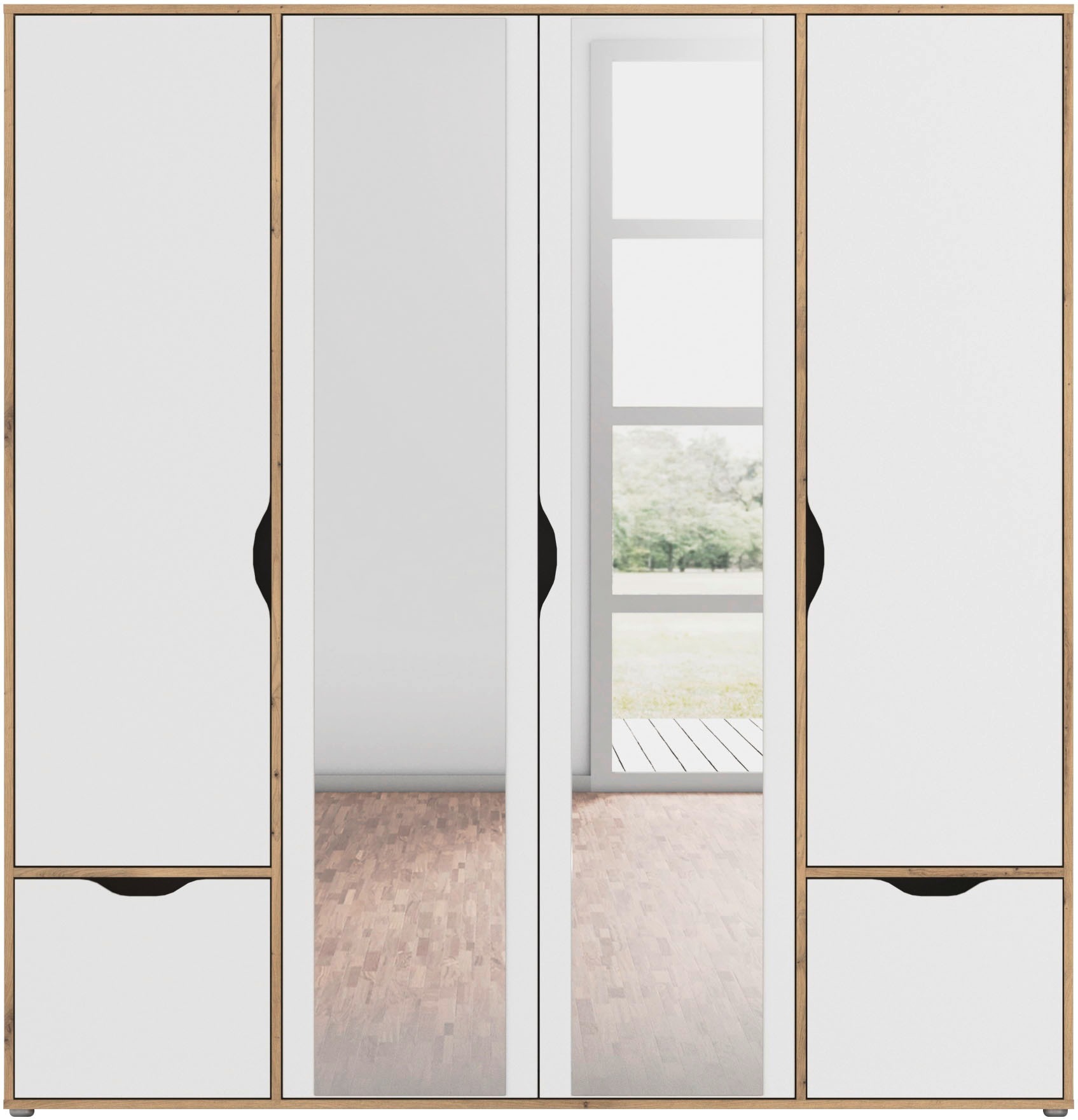 rauch Drehtürenschrank »Kleiderschrank Schrank Garderobe Wäscheschrank NARAI mit Schubladen«, (in 3 verschiedenen Ausstattungen BASIC/CLASSIC/PREMIUM), Griffausfräsungen für eine grifflose Optik TOPSELLER MADE IN GERMANY