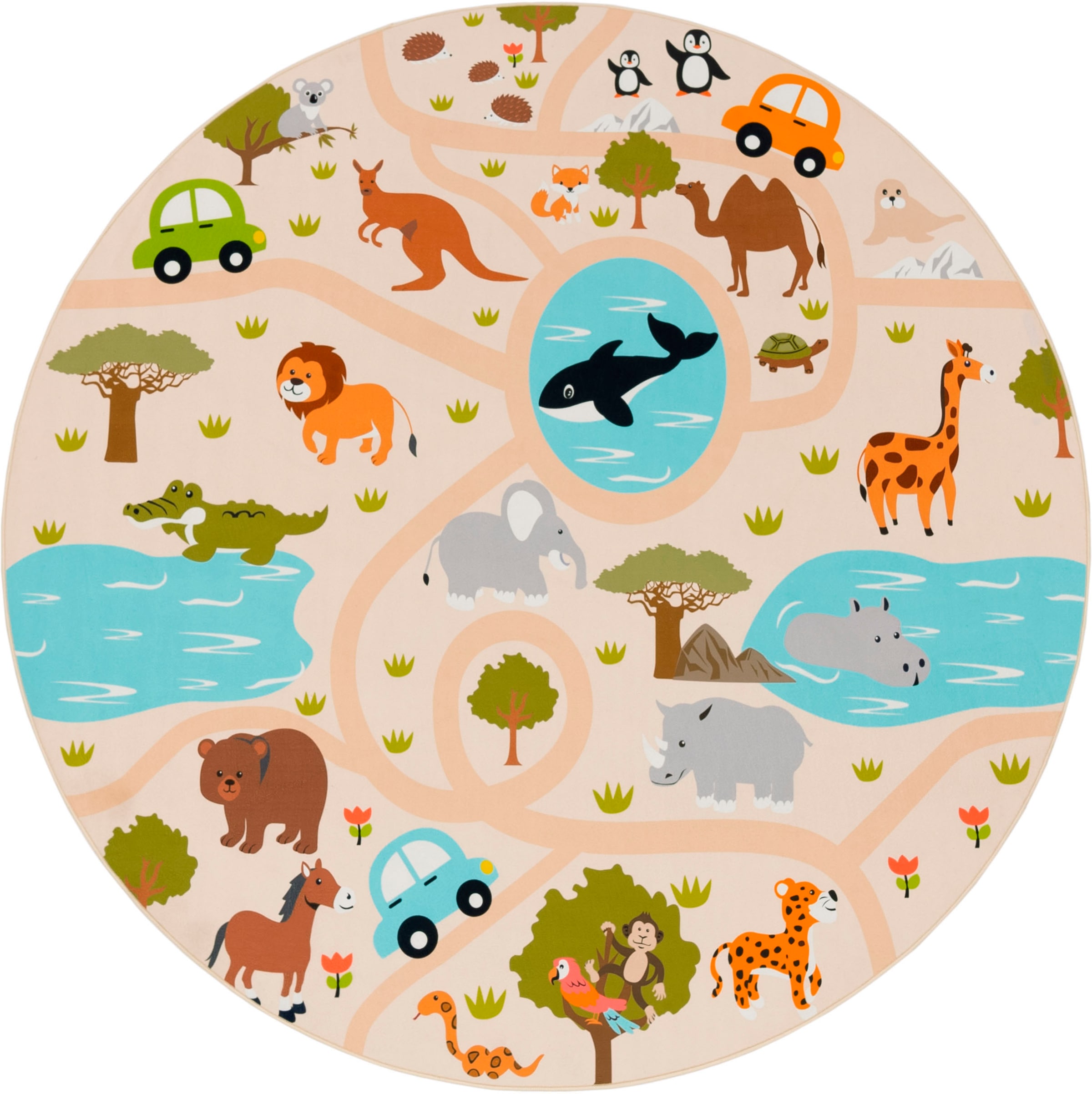 Paco Home Kinderteppich »Bino 580«, rund, 4 mm Höhe, Spielteppich, Motiv Straße & Autos, Kinderzimmer