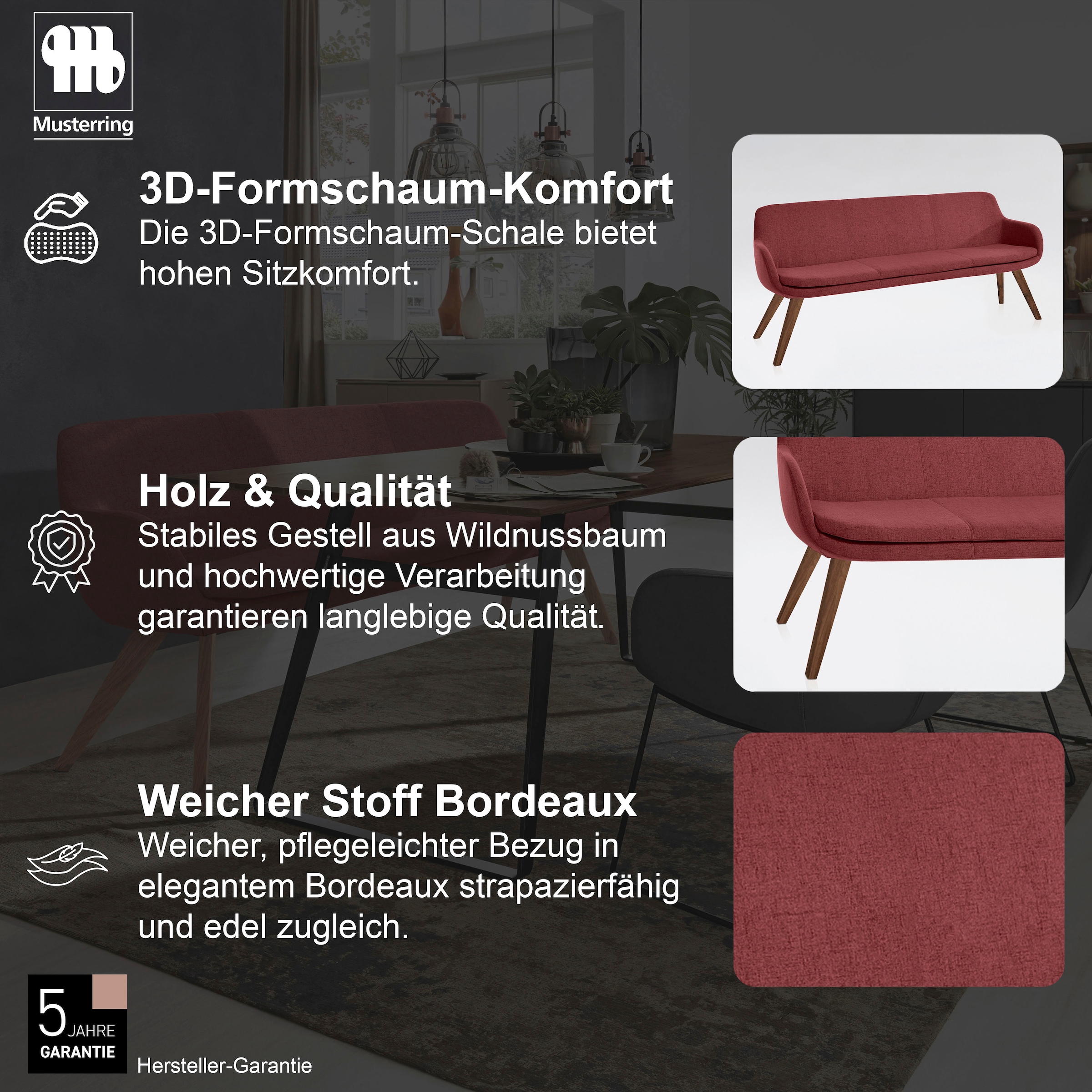 Musterring Essbank »Tavia« Stativgestell Wildnussbaum massiv geölt, Breite 180, 200 oder 220 cm