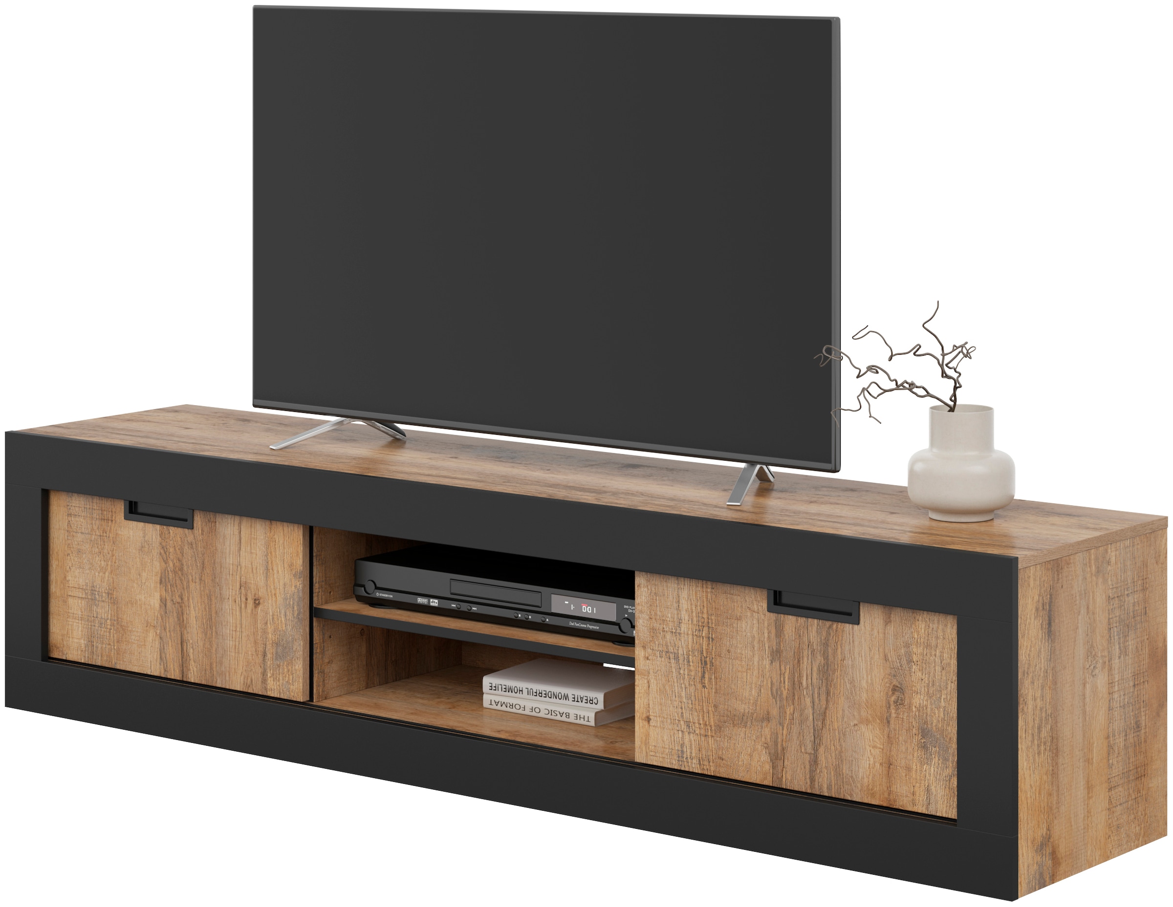 INOSIGN Lowboard »Tudor, Breite 180 cm, moderne TV-Kommode mit 2 Schiebetüren«, TV-Schrank mit viel Stauraum, TV-Board dekorative Rahmenoptik