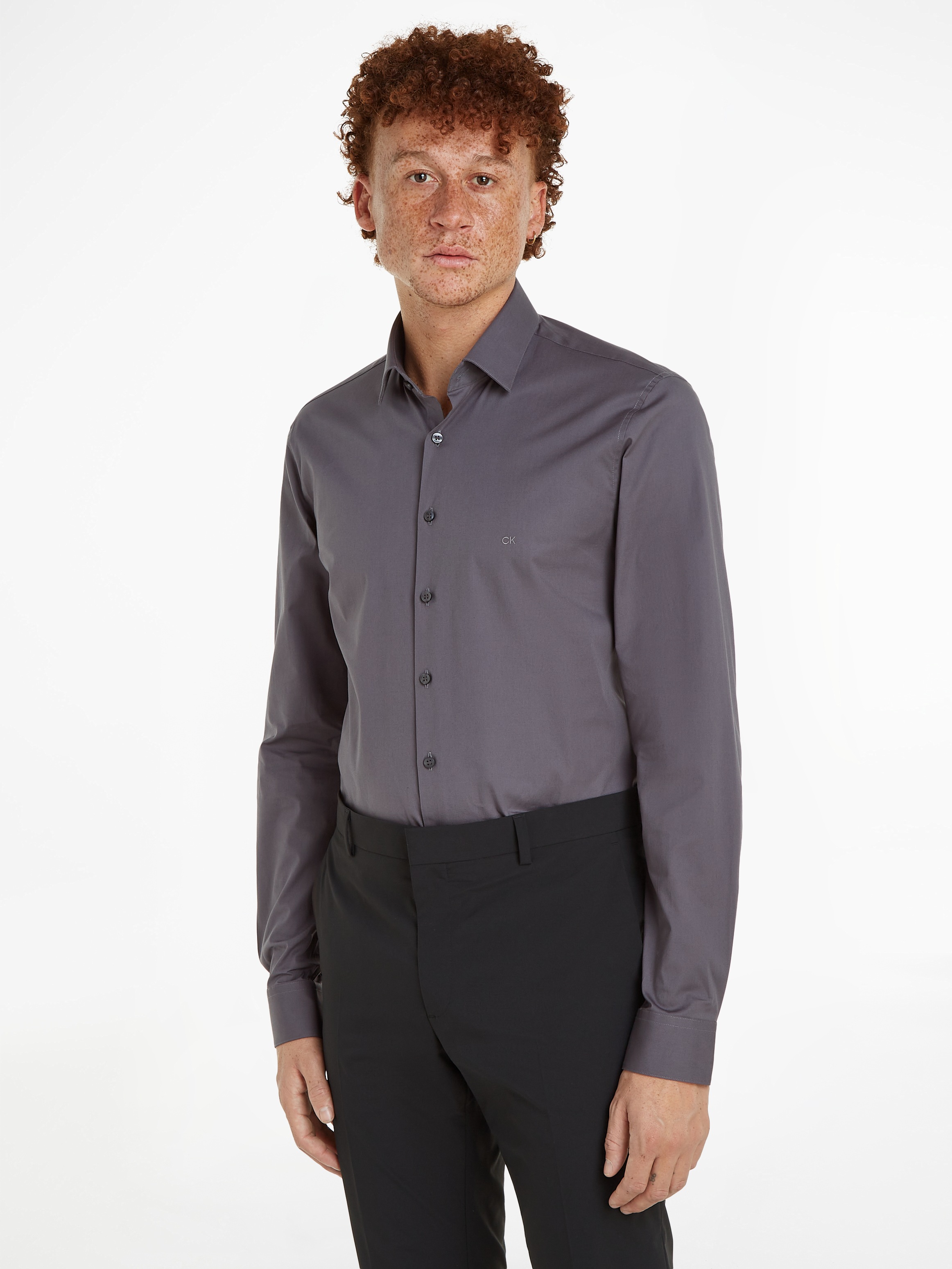 Calvin Klein Businesshemd »POPLIN STRETCH SLIM SHIRT«, mit Kentkragen, Logoprint auf Brusthöhe