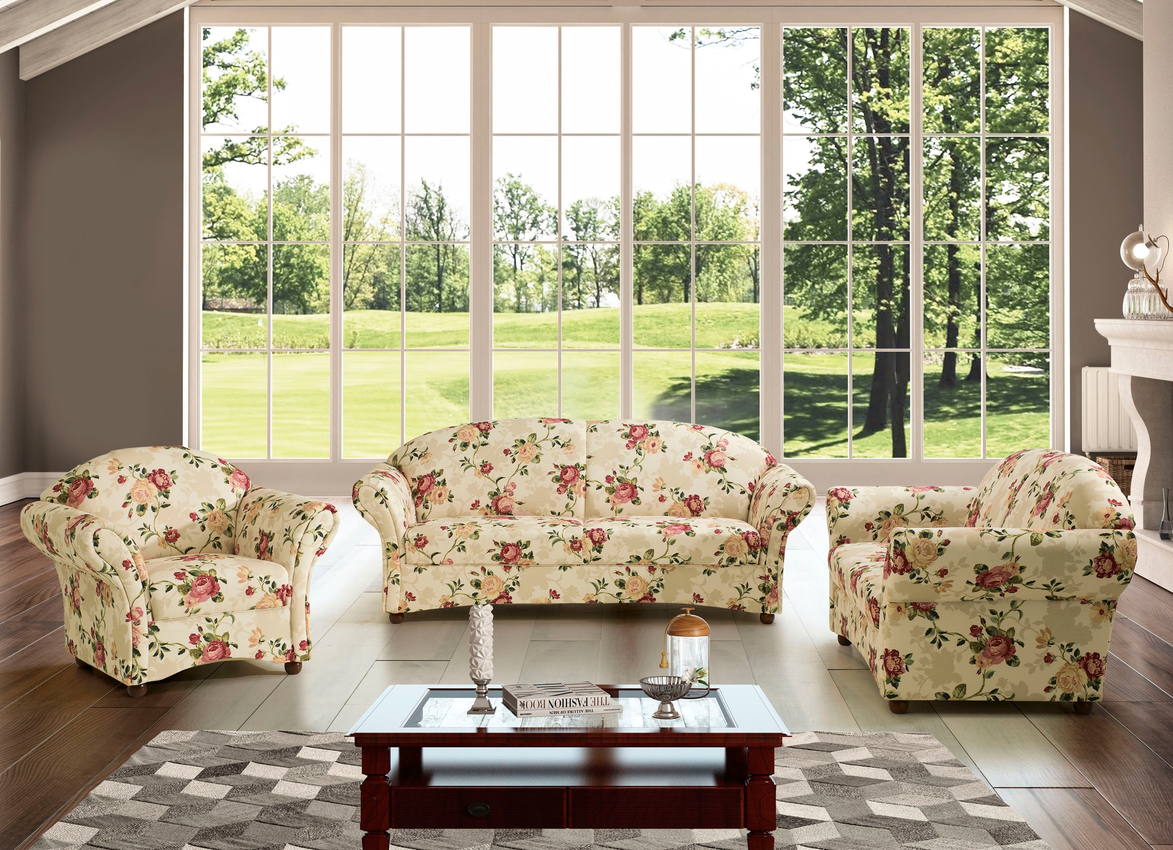 Max Winzer® Sessel »Carolinas, Loungesessel, geschwungene Formensprache, bequem«, Federkernunterfederung, mit Holz-Kugelfüßen, Blumen, floraler Bezug