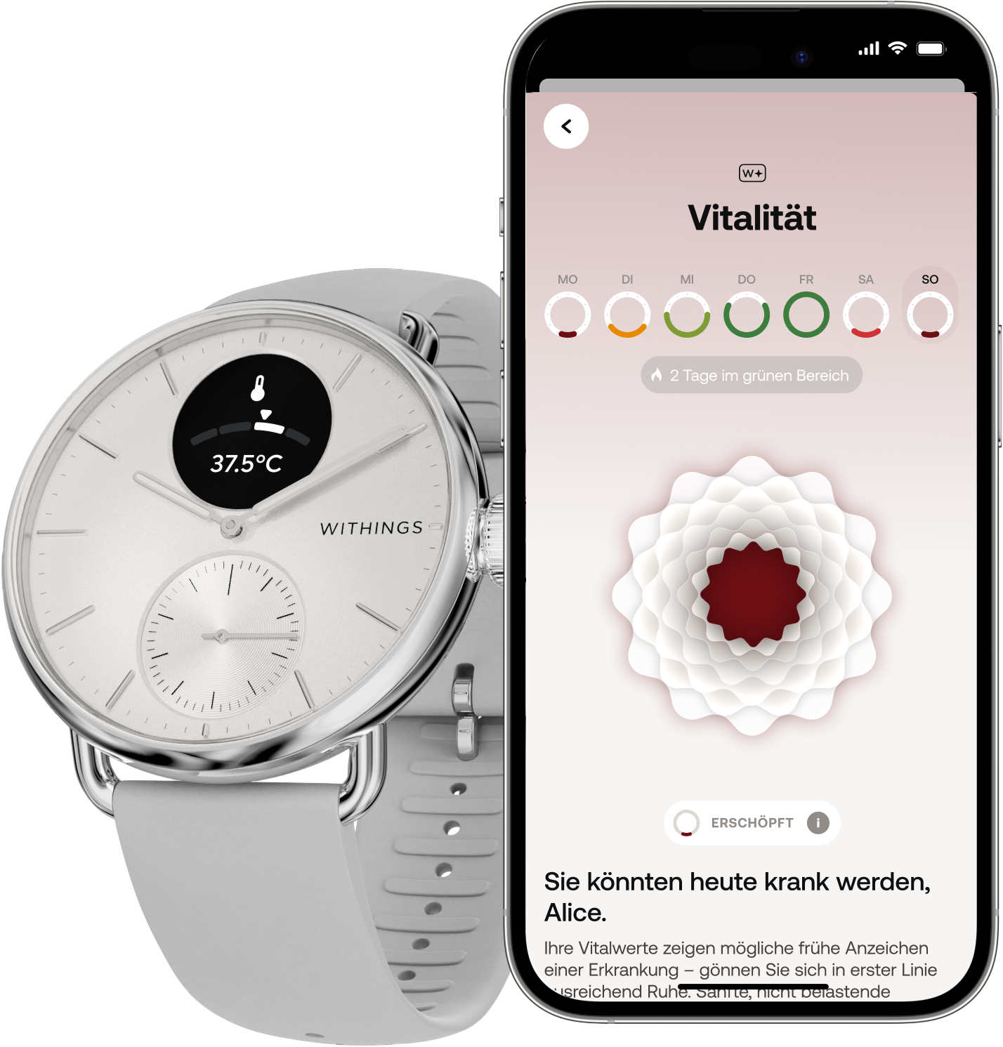 Withings Smartwatch »ScanWatch 2 38mm, hybrid, Akku bis 35 Tage, 50 M Wasserdicht« HealthSense OS