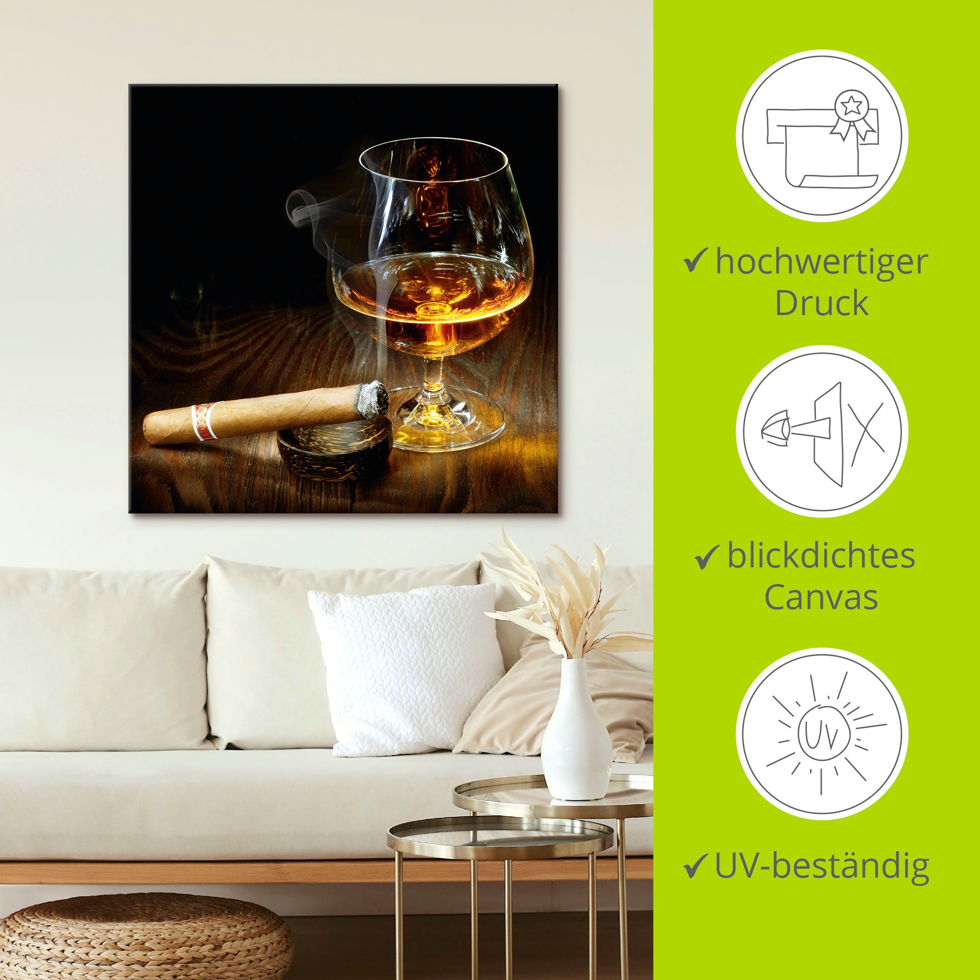 Artland Wandbild »Zigarre und Cognac«, Zigarren, (1 St.), als Leinwandbild, Poster in verschied. Größen